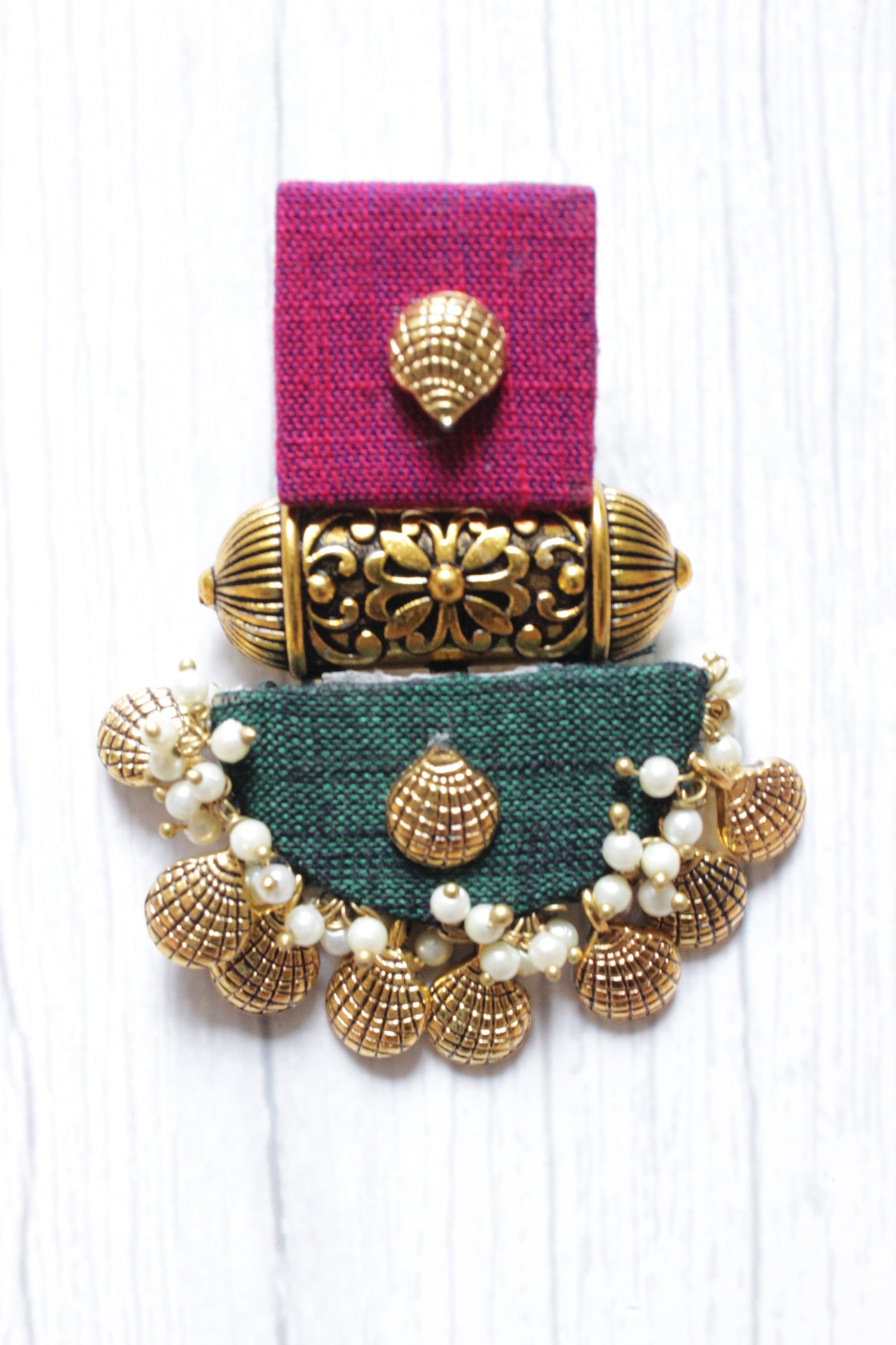 Antique Gold Finish Pink and Green Fabric Ethnic Earrings