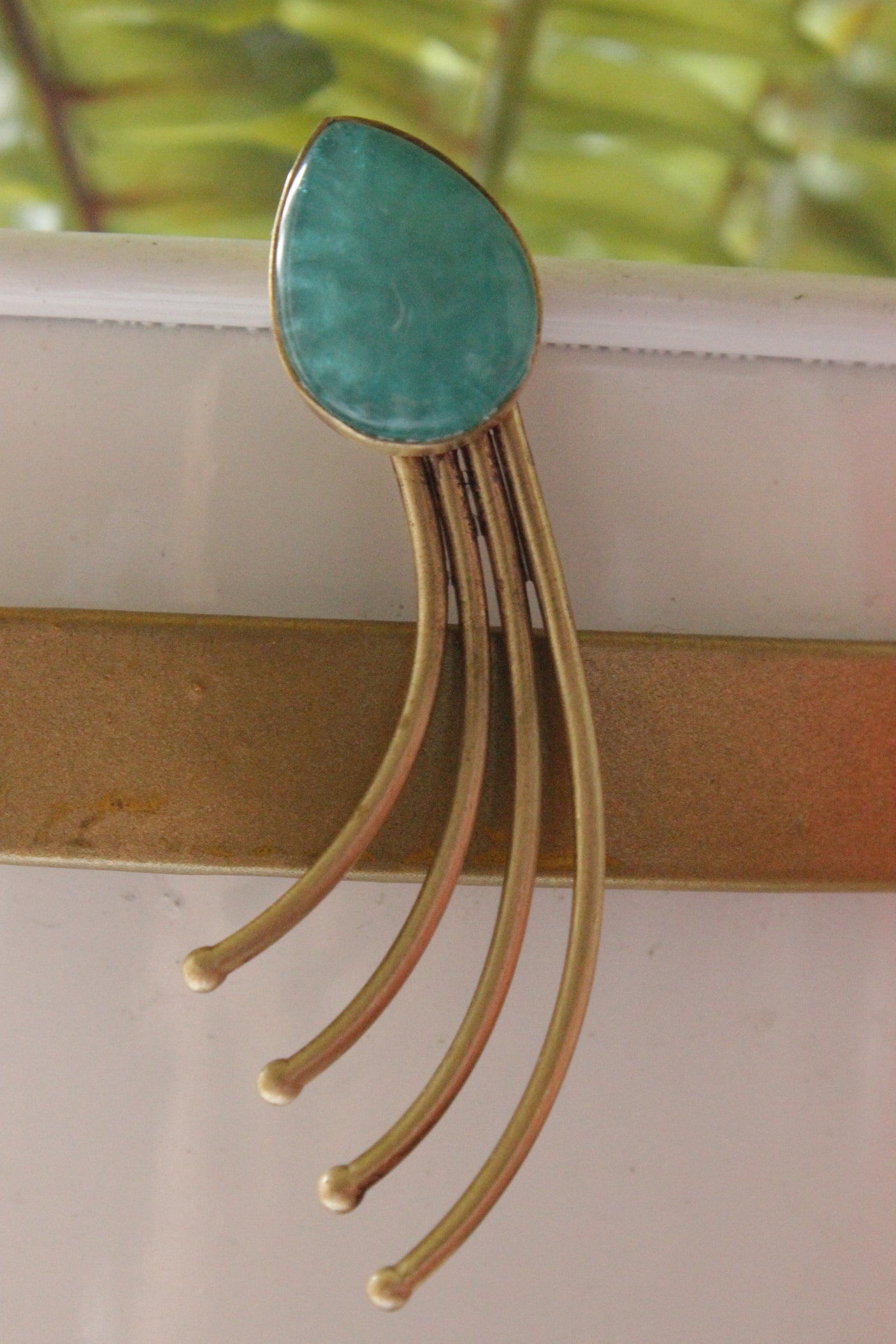 Turquoise Glass Stone Brass Dangler Earrings