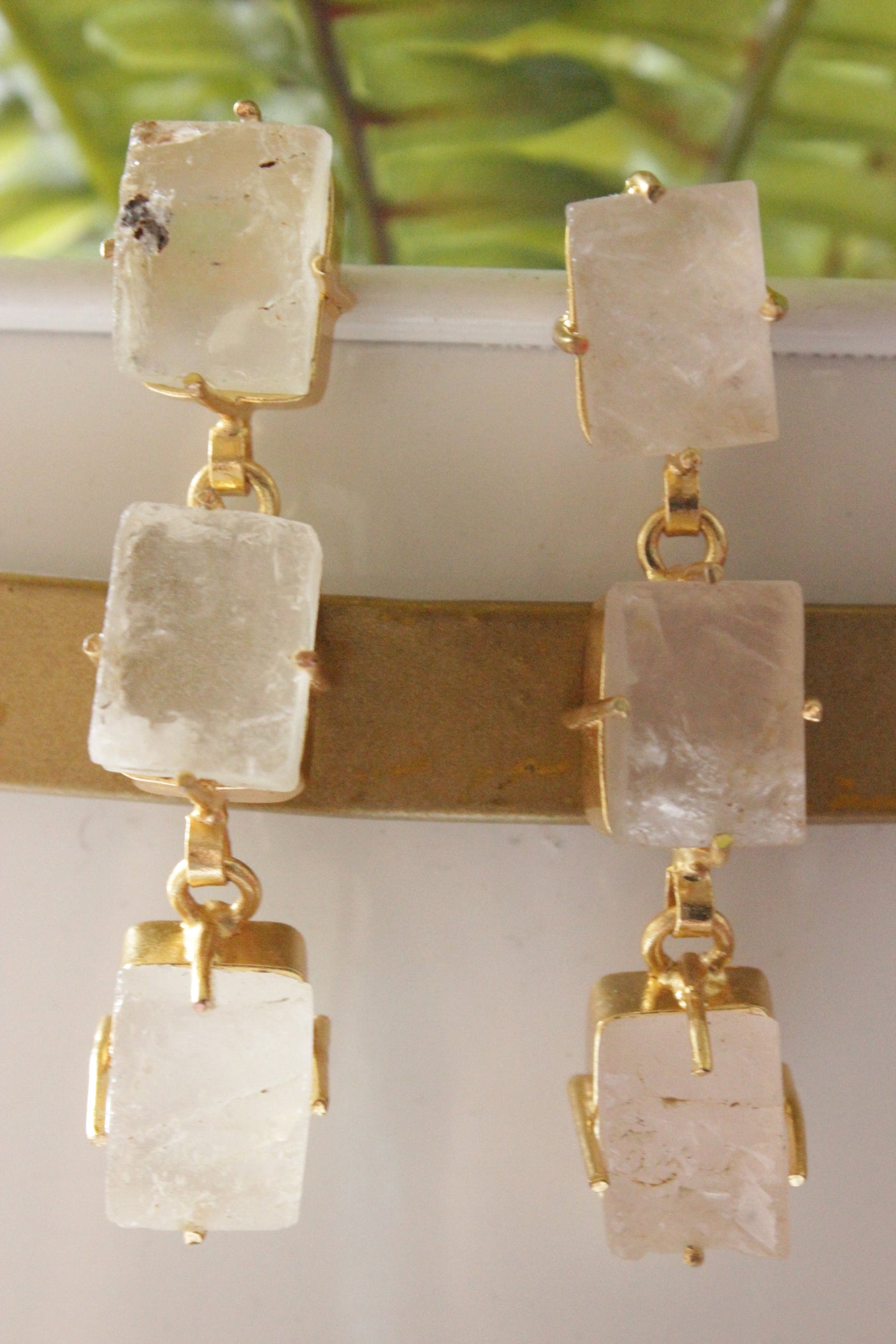 White Quartz Gemstone Gold Plated 3 Layer Dangler Earrings