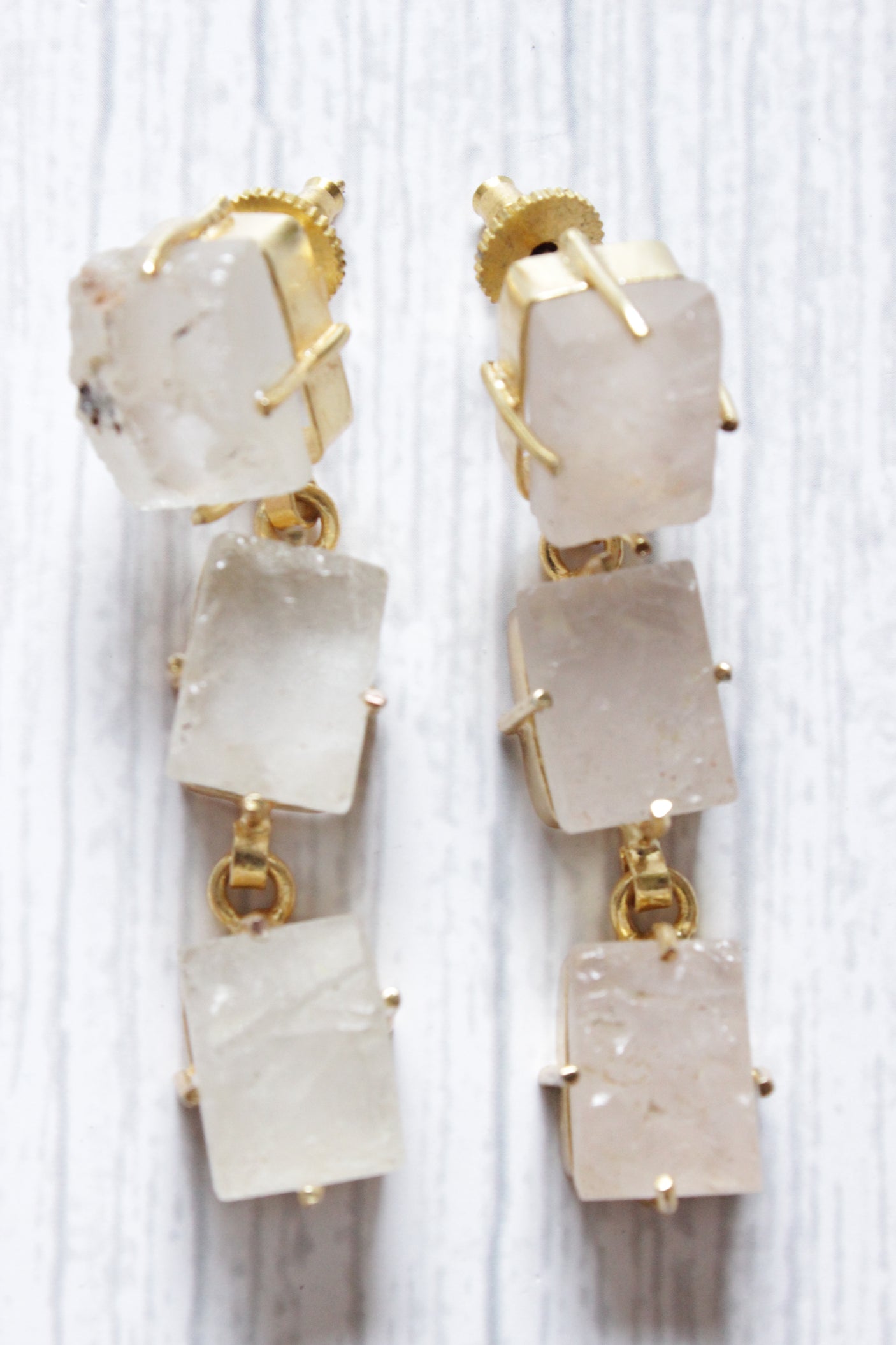 White Quartz Gemstone Gold Plated 3 Layer Dangler Earrings