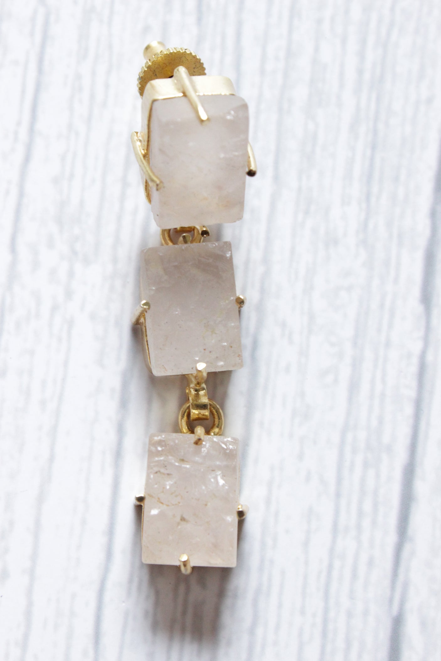 White Quartz Gemstone Gold Plated 3 Layer Dangler Earrings