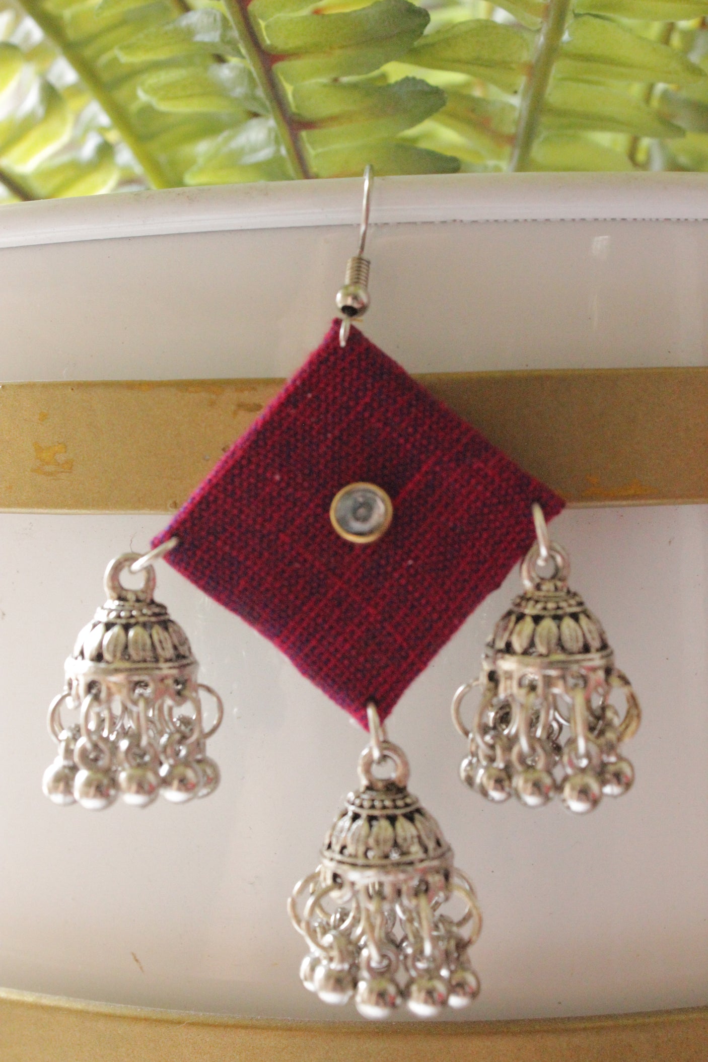 Handcrafted Fabric Square 3 Jhumka Earrings