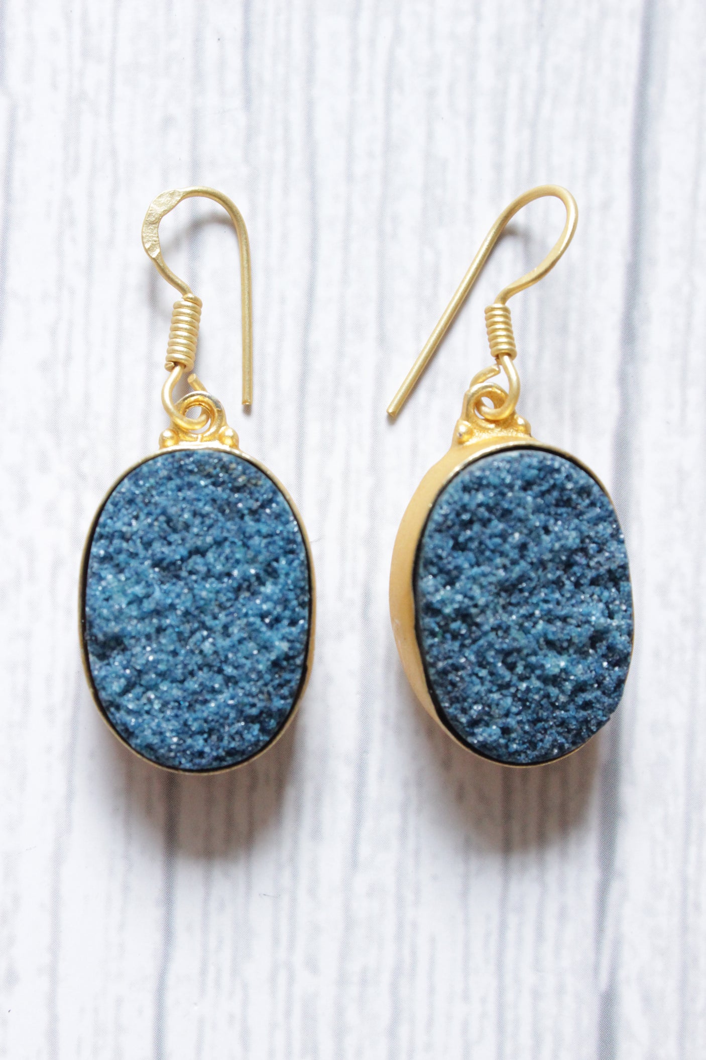 Blue Titanium Druzy Natural Gemstone Gold Plated Hook Earrings
