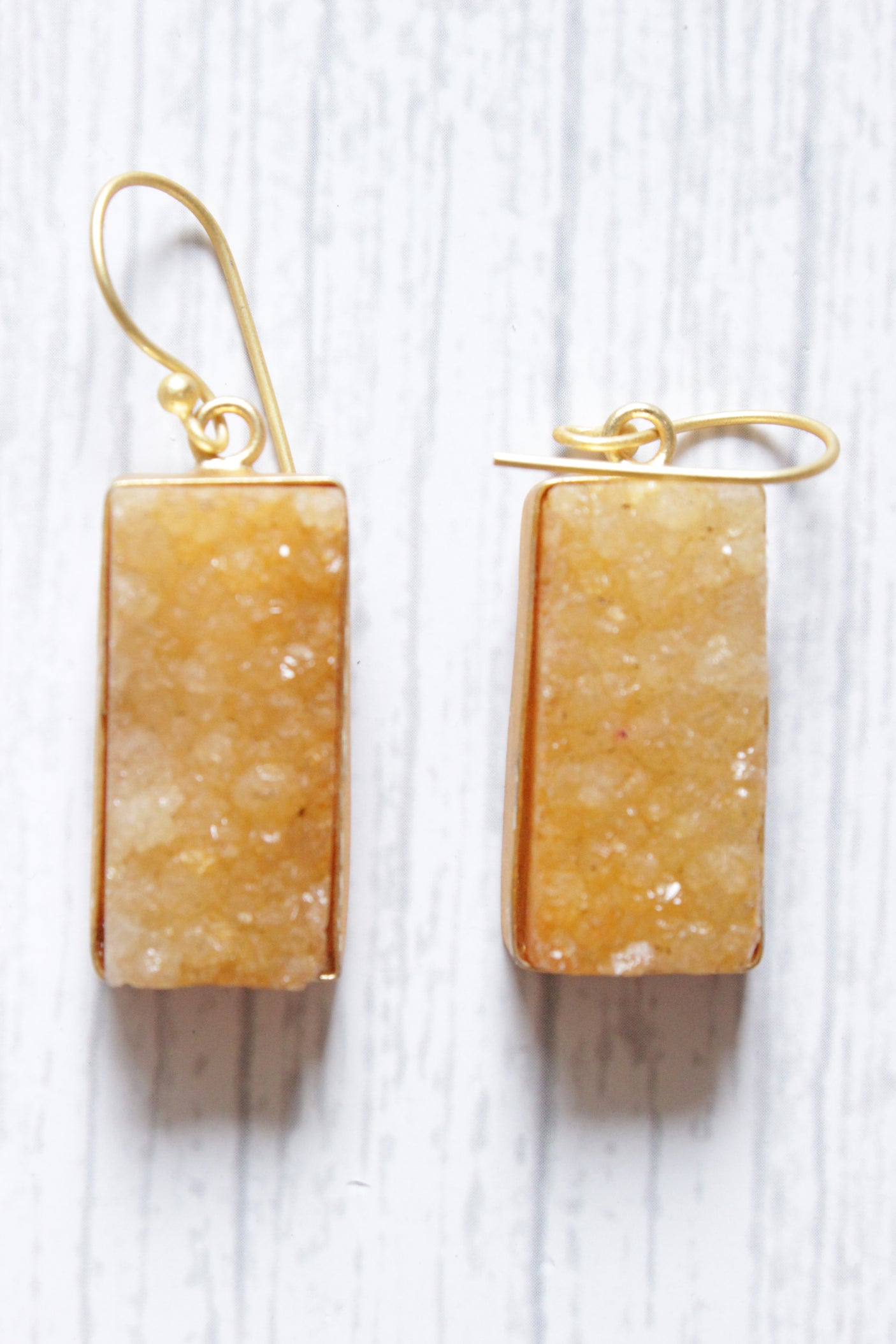 Handmade Yellow Natural Sugar Druzy Gemstone Gold Plated Hook Earrings