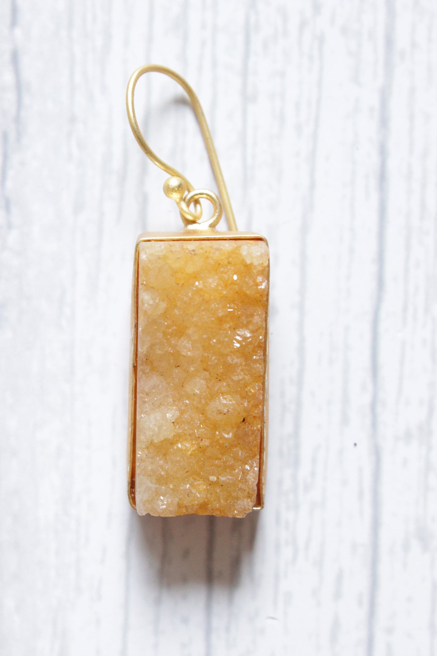 Handmade Yellow Natural Sugar Druzy Gemstone Gold Plated Hook Earrings