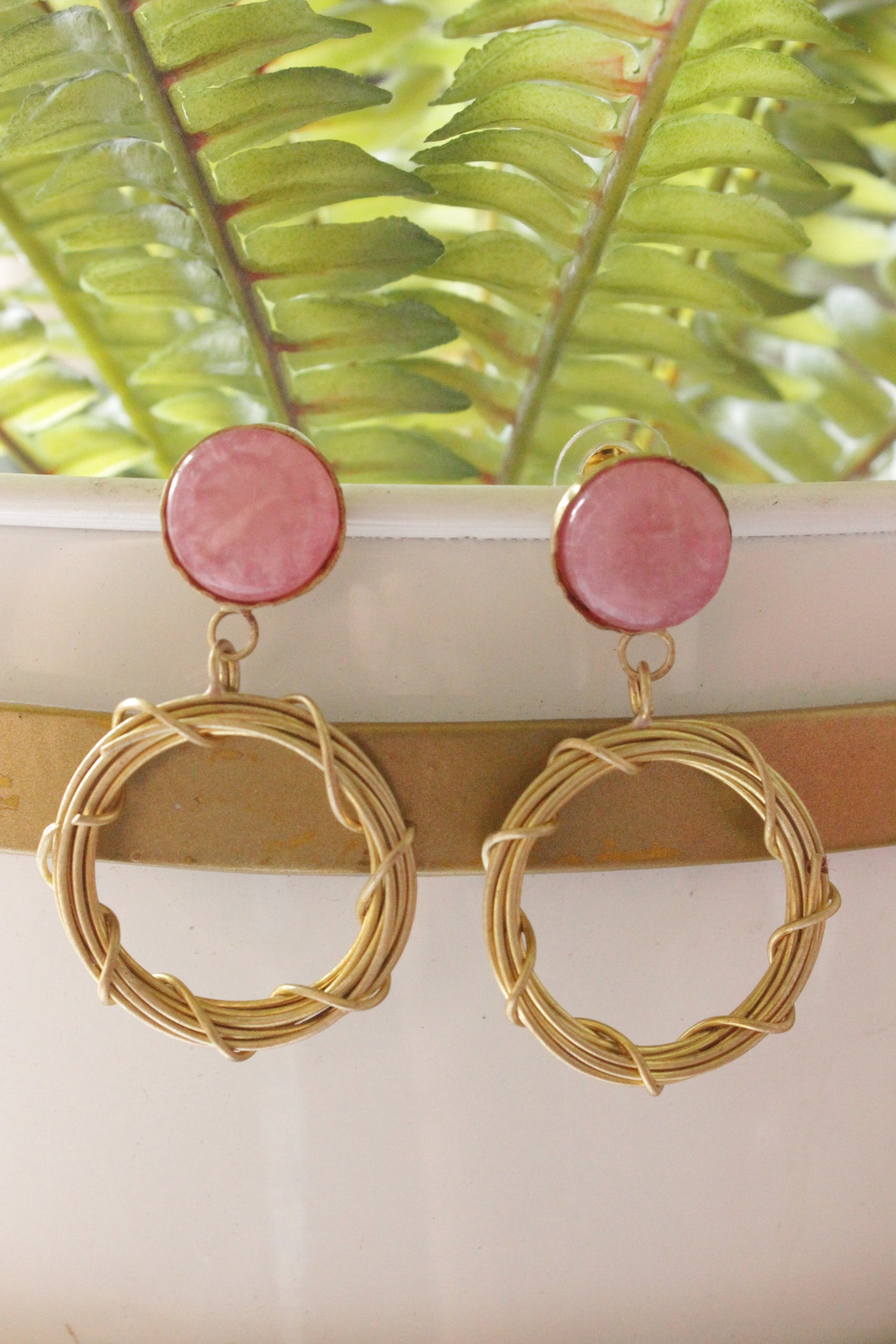 Pink Natural Stone Brass Contemporary Hoop Earrings