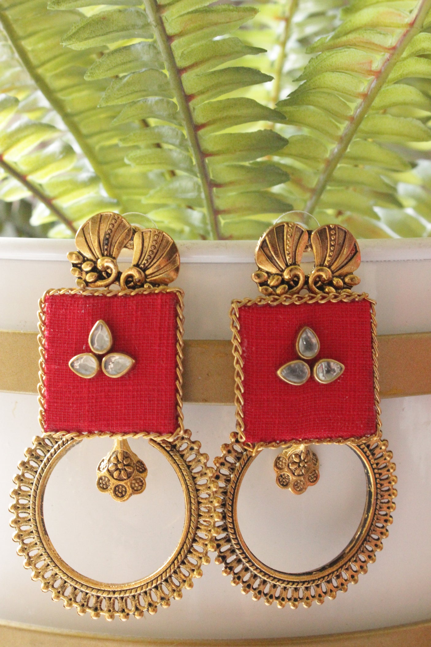 Handcrafted Red Fabric Brass Contemporary Circular Earrings