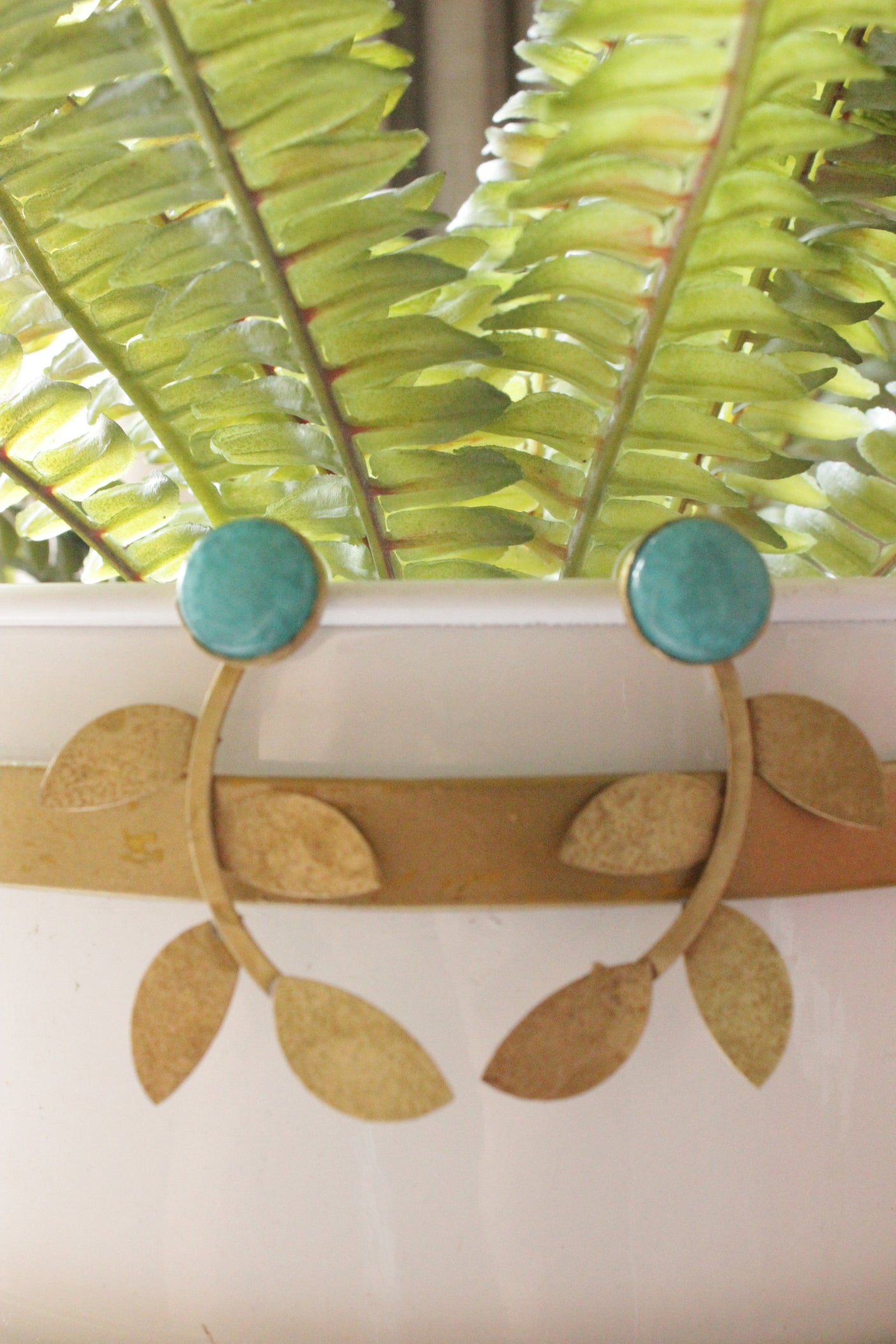 Turquoise Glass Stone Leaf Motif Brass Earrings