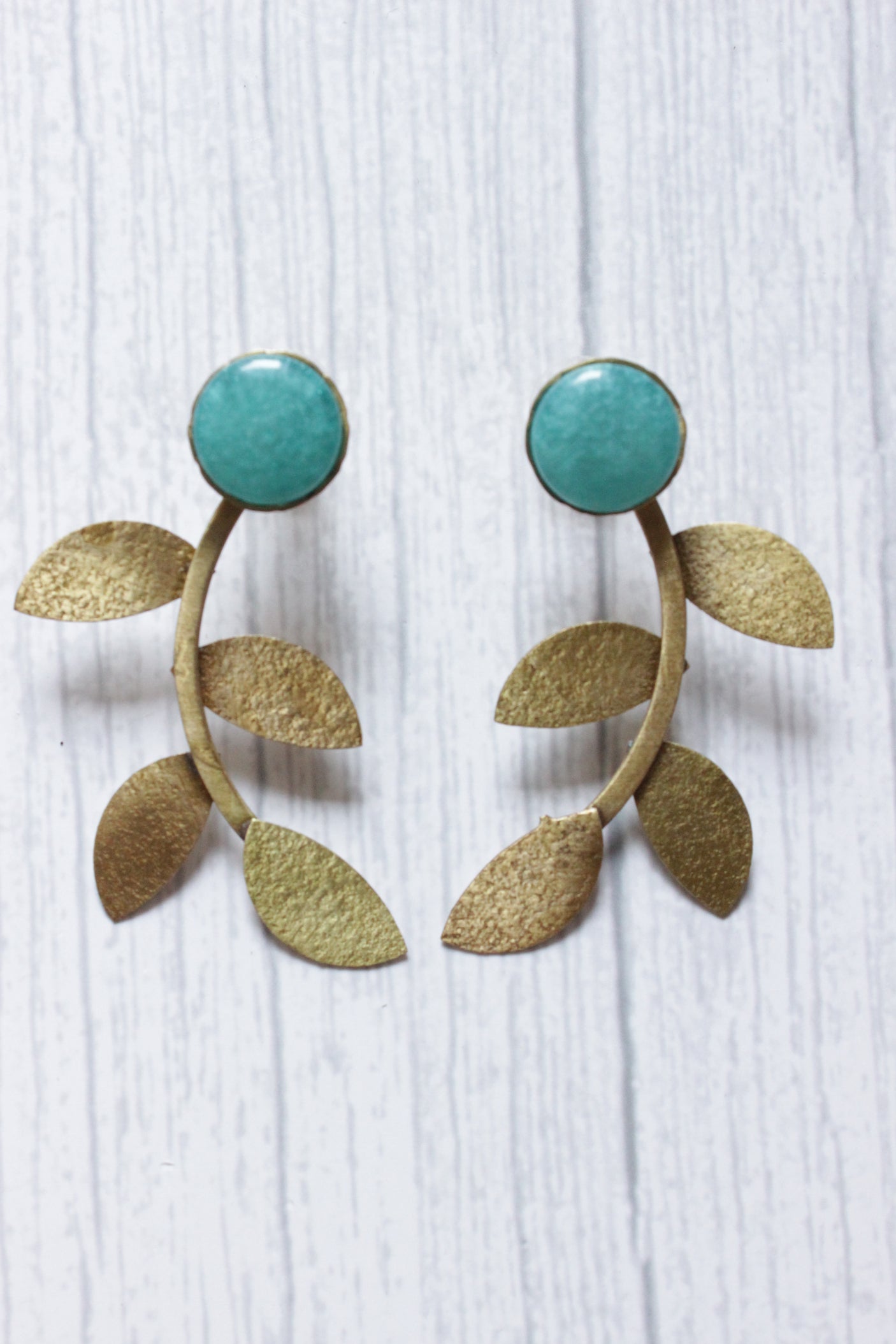 Turquoise Glass Stone Leaf Motif Brass Earrings