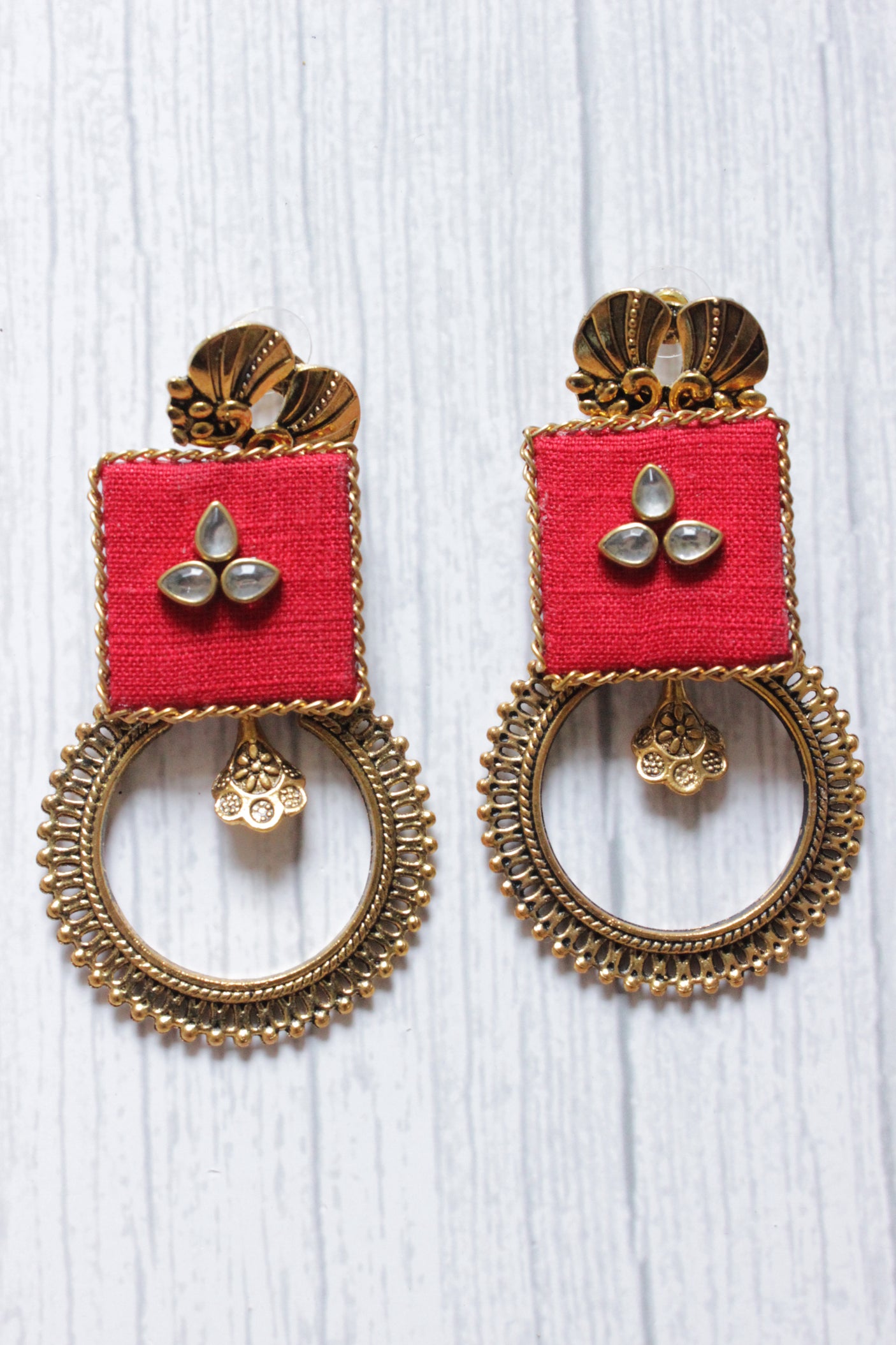 Handcrafted Red Fabric Brass Contemporary Circular Earrings