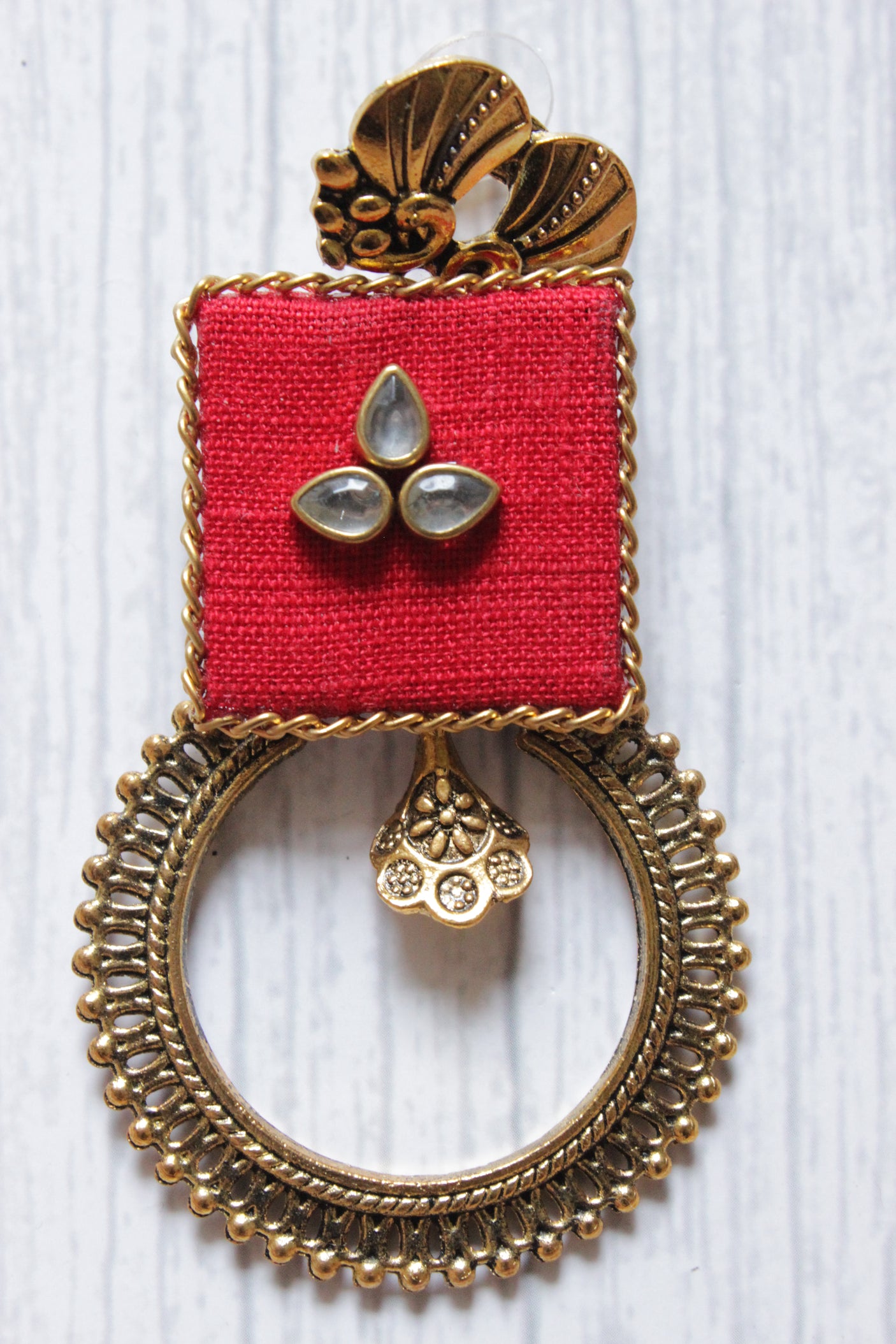Handcrafted Red Fabric Brass Contemporary Circular Earrings