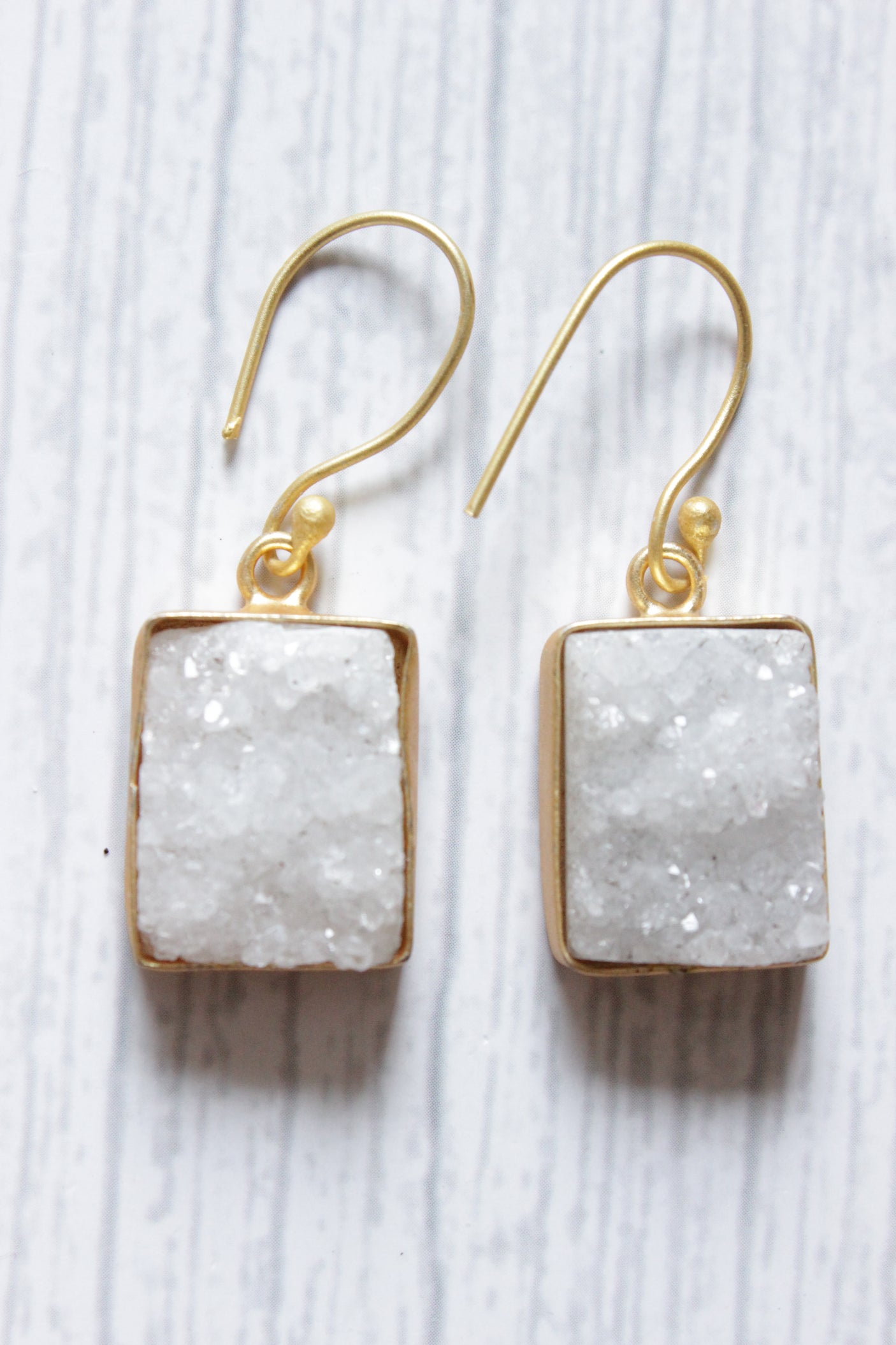 White Natural Titanium Druzy Gemstone Gold Plated Hook Earrings