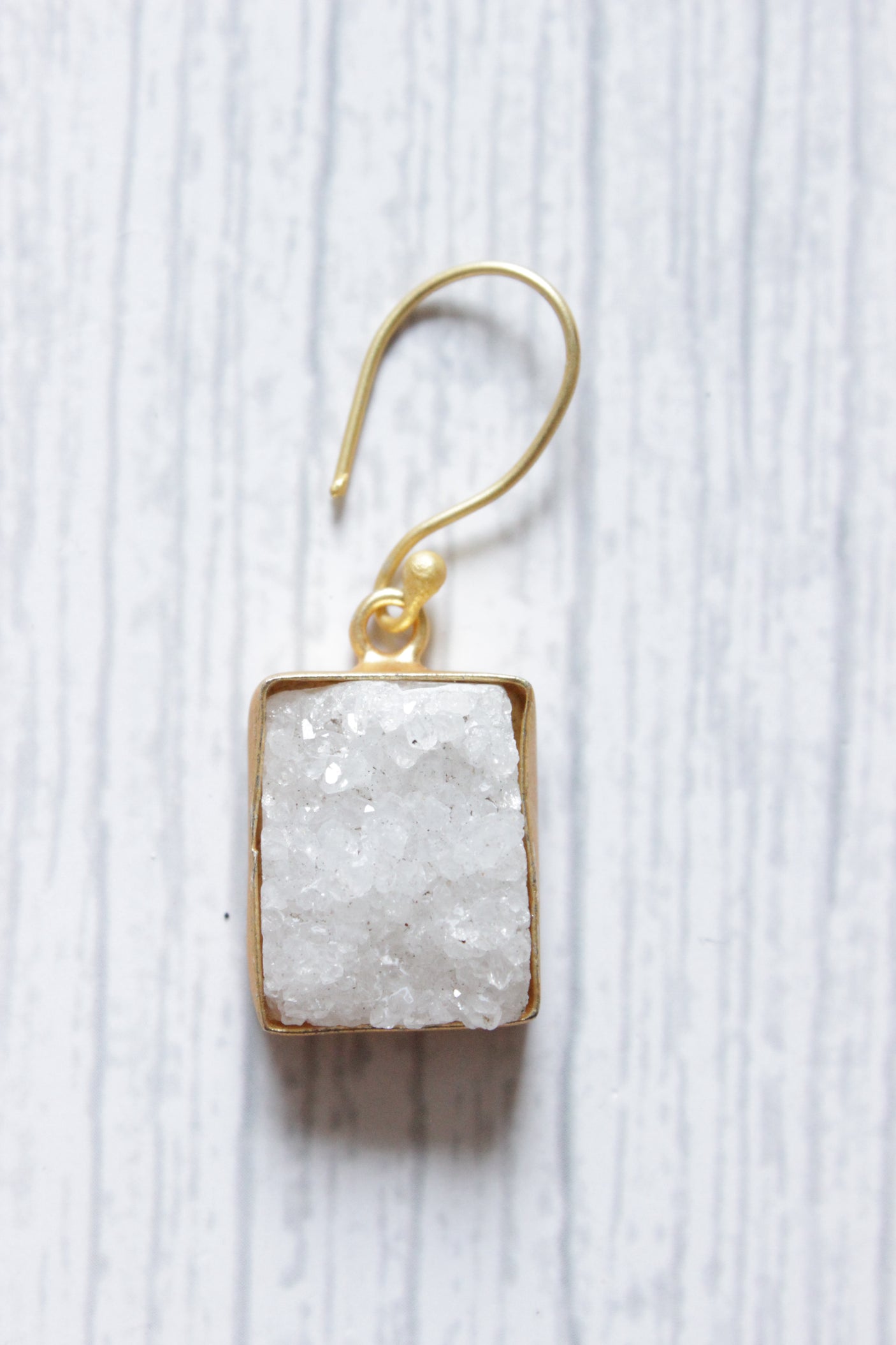 White Natural Titanium Druzy Gemstone Gold Plated Hook Earrings