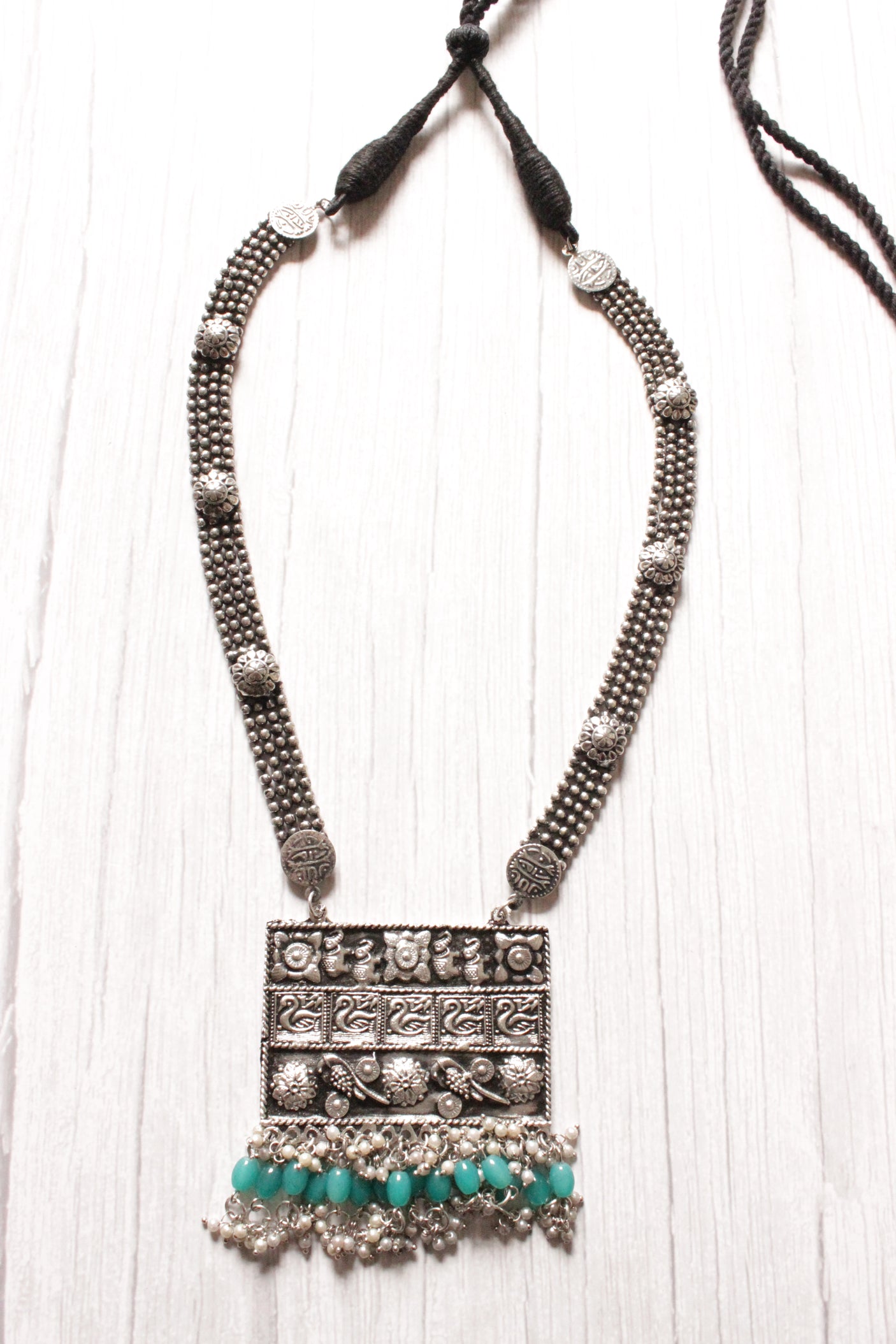Adjustable Thread Closure Oxidised Finish Long Necklace