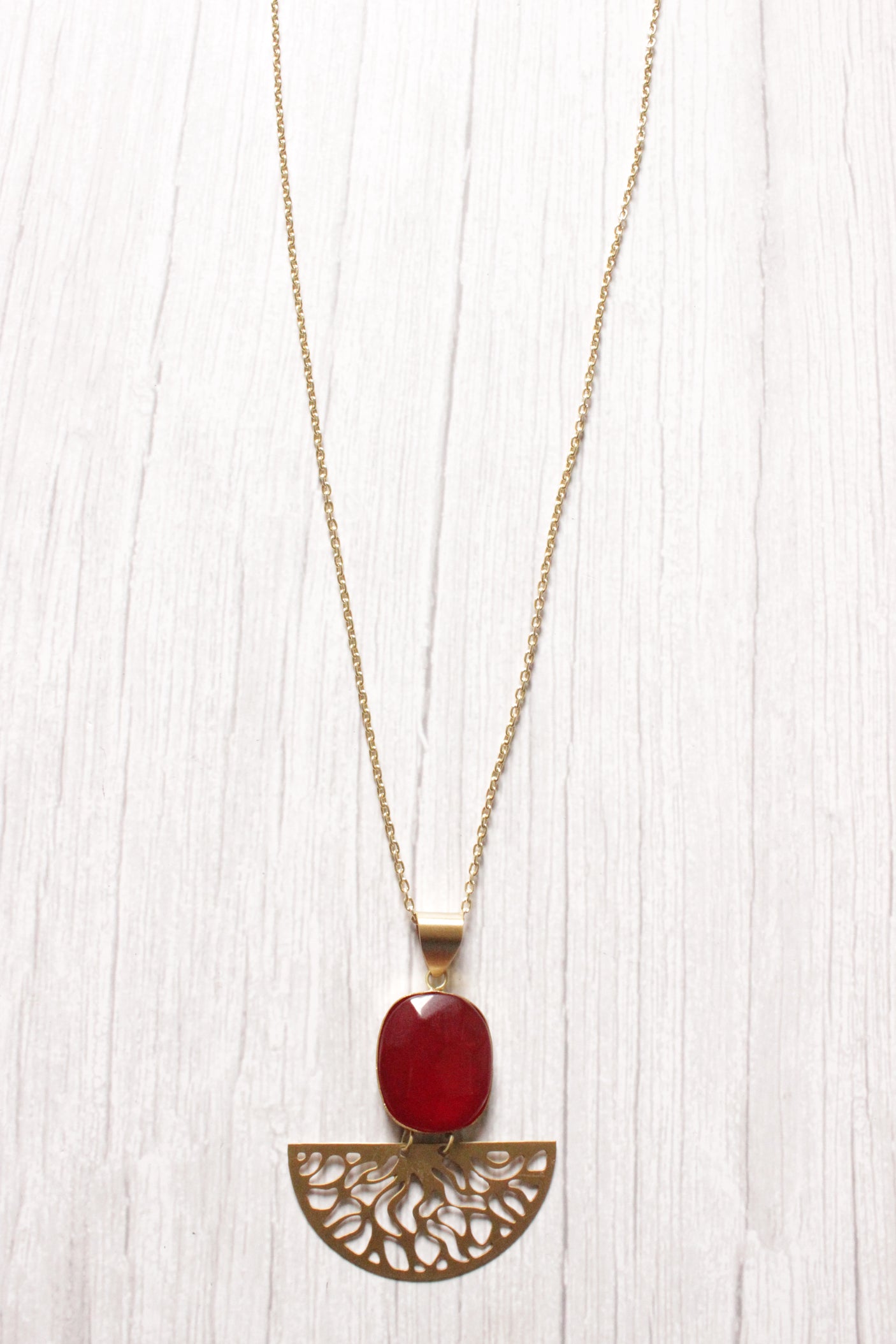 Red Central Stone Brass Finish Long Chain Necklace