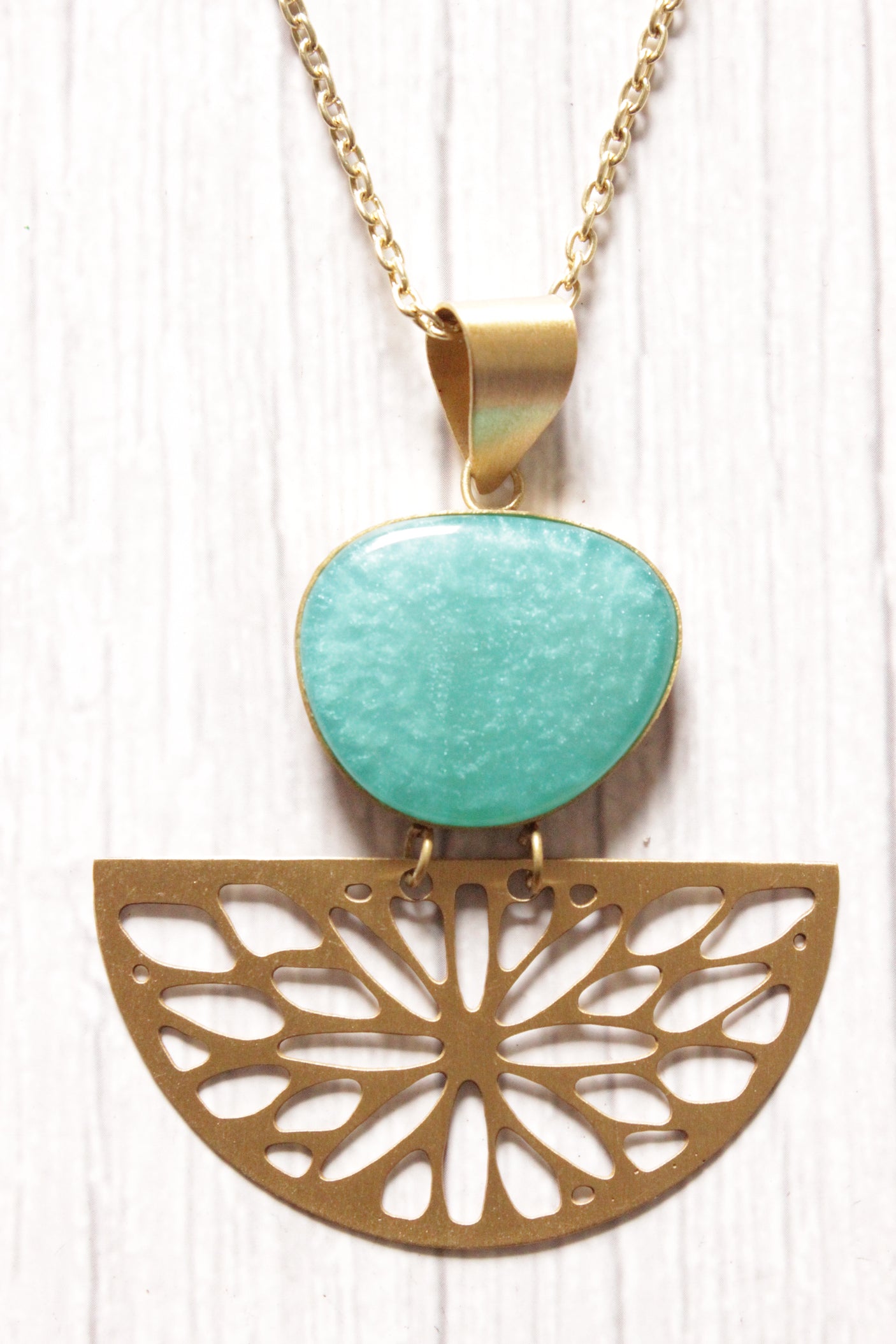Turquoise Central Stone Brass Finish Long Chain Necklace