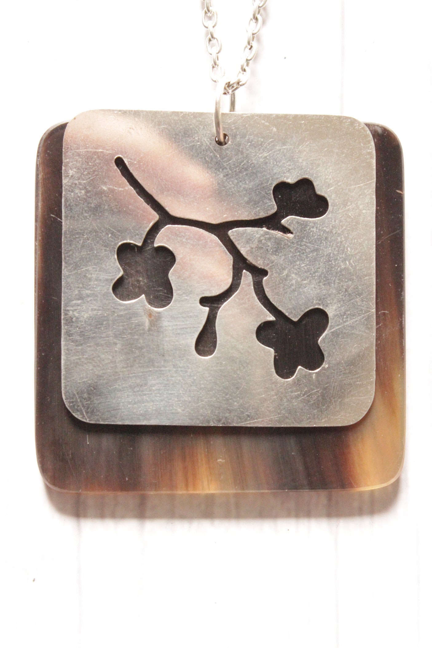 Flower Inscribed Pendant Long Chain Metal Necklace