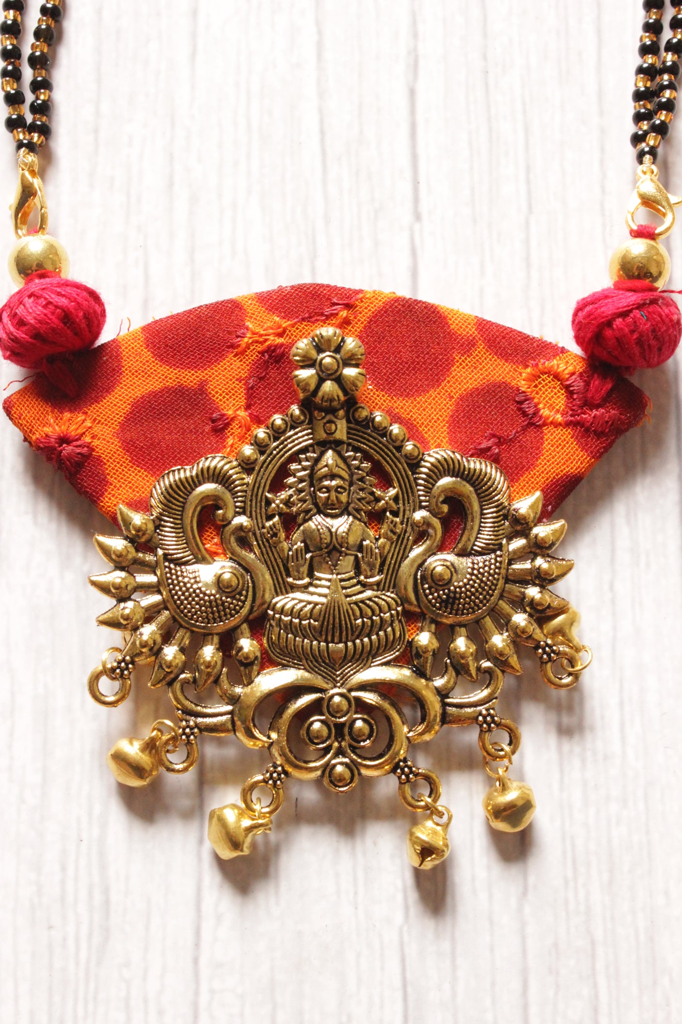 Fabric and Metal Religious Motif Pendant long Mangalsutra Style Necklace Set