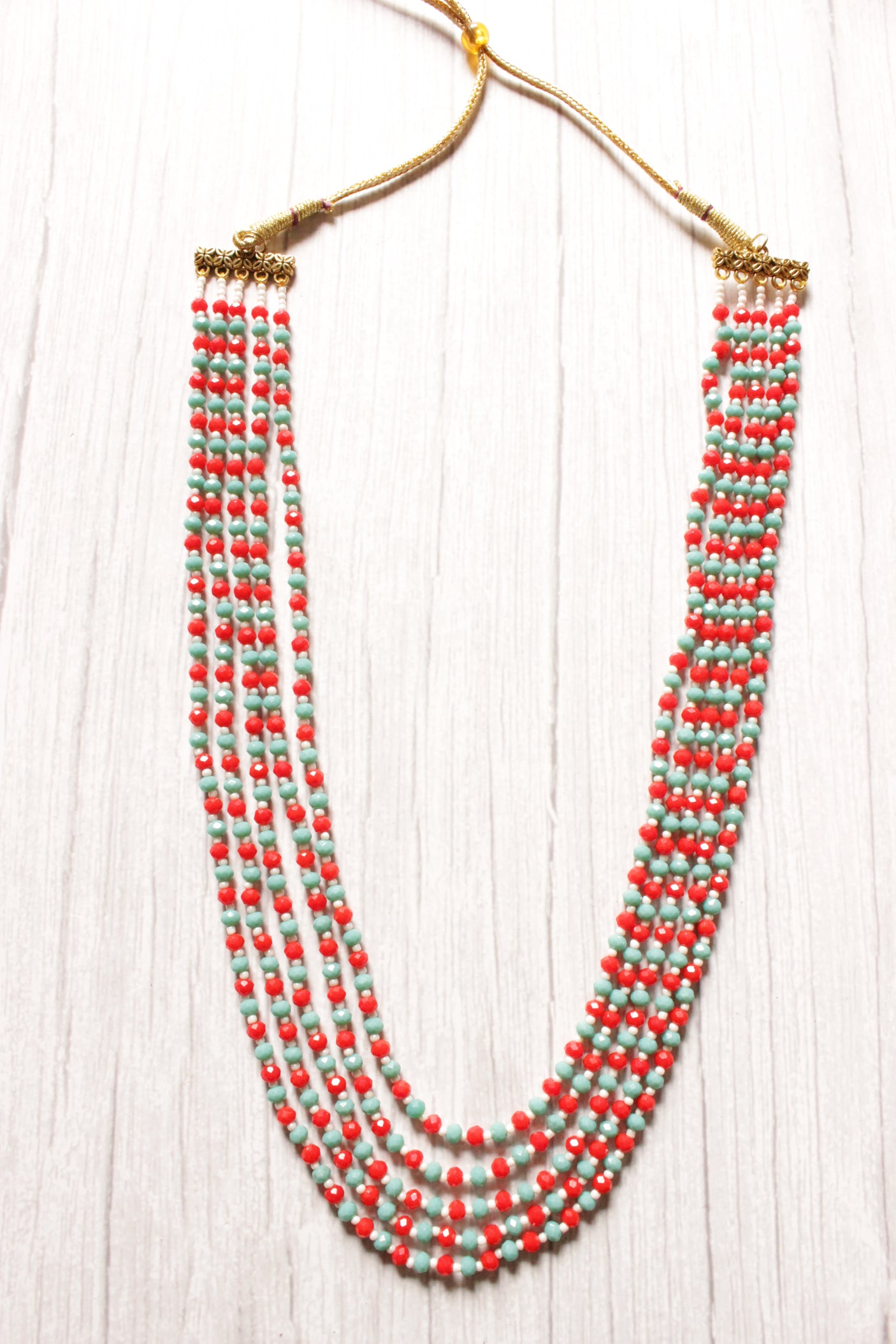 Red and Blue Multi-Layer Beads Hand Braided Antique Gold Finish Necklace
