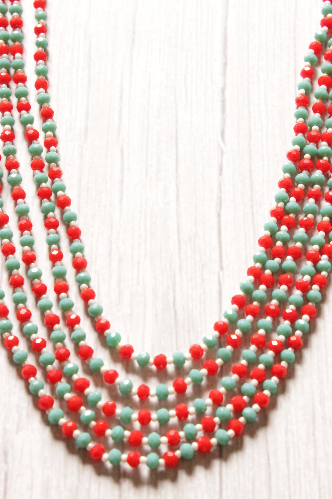 Red and Blue Multi-Layer Beads Hand Braided Antique Gold Finish Necklace