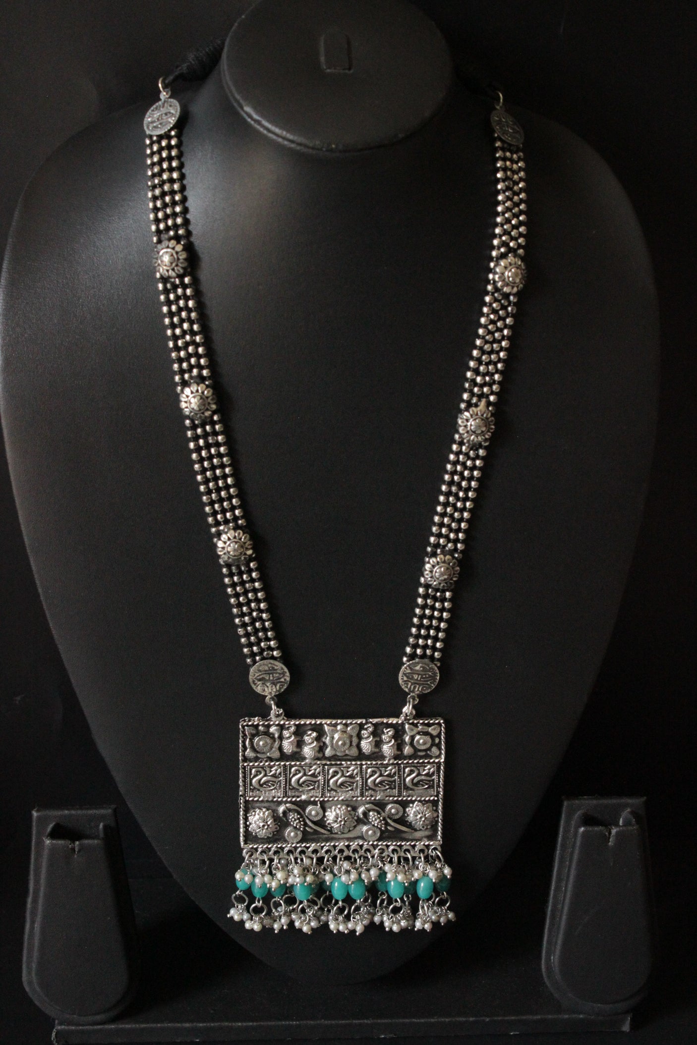 Adjustable Thread Closure Oxidised Finish Long Necklace