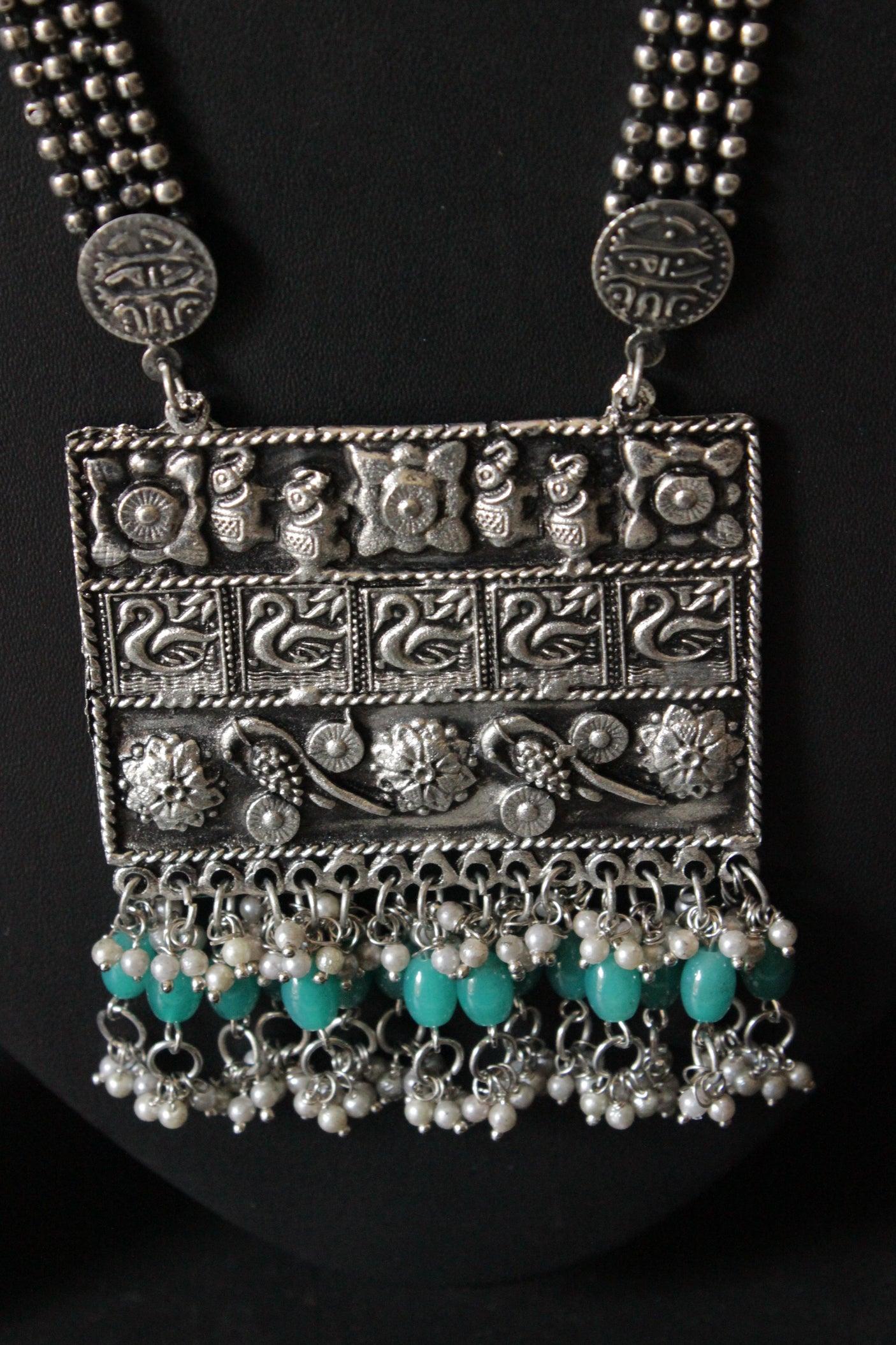 Adjustable Thread Closure Oxidised Finish Long Necklace