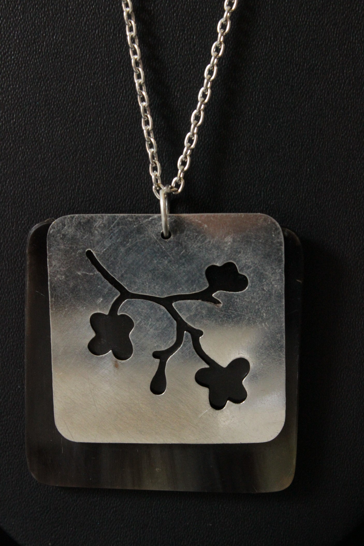 Flower Inscribed Pendant Long Chain Metal Necklace