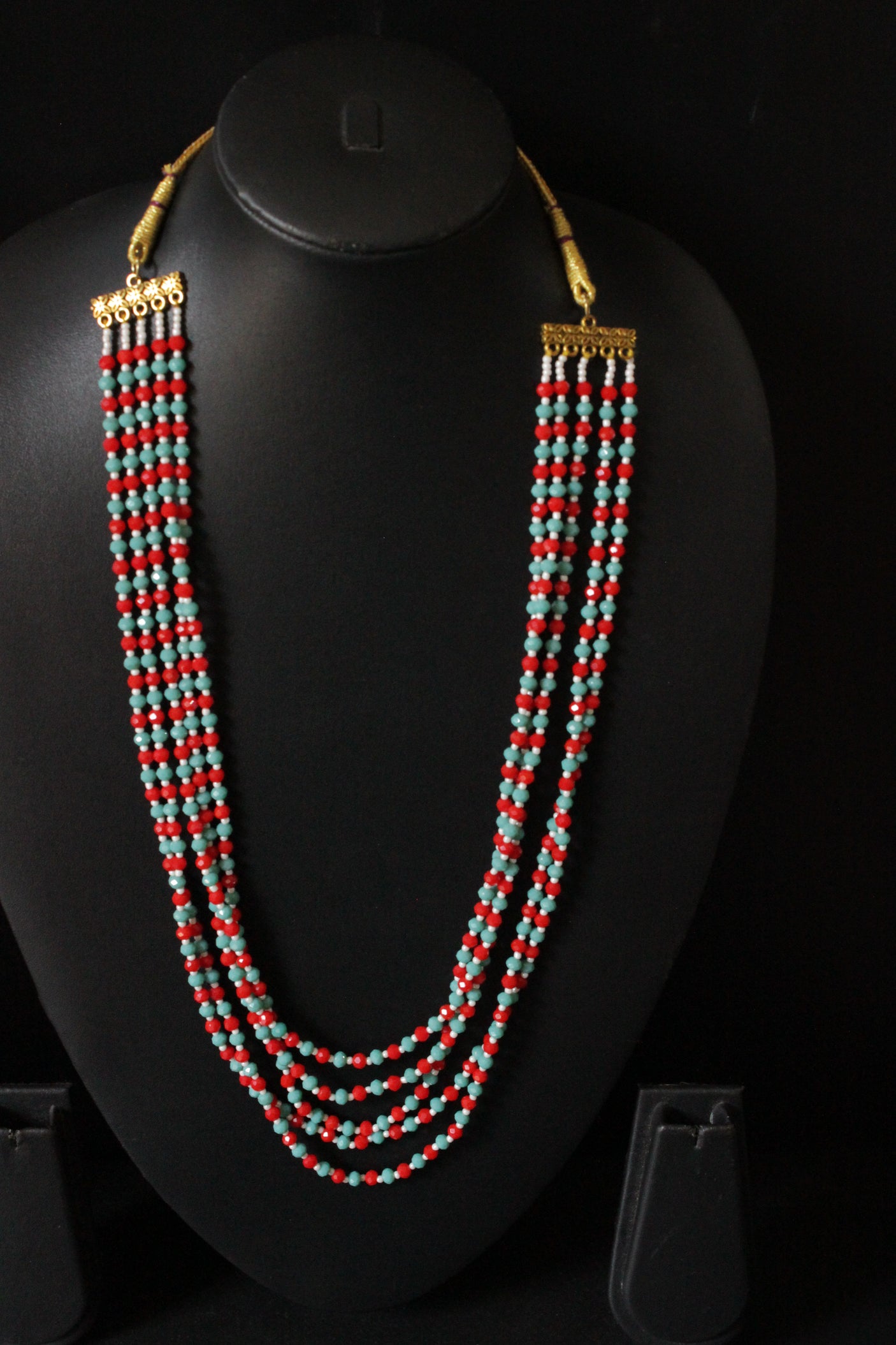 Red and Blue Multi-Layer Beads Hand Braided Antique Gold Finish Necklace