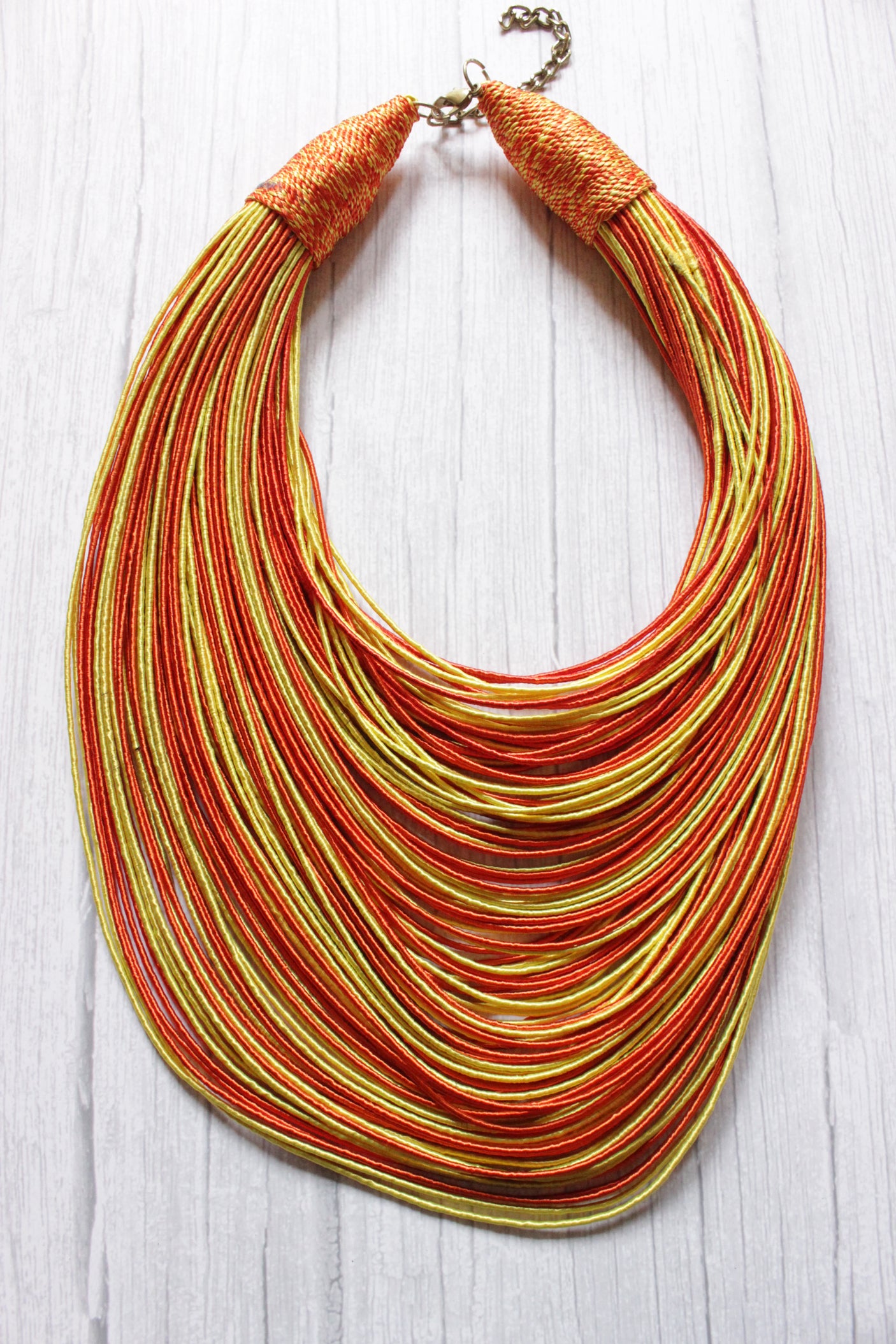 Festive Orange and Yellow Handmade Silk Threads Multi-Layer Statement African Choker Necklace