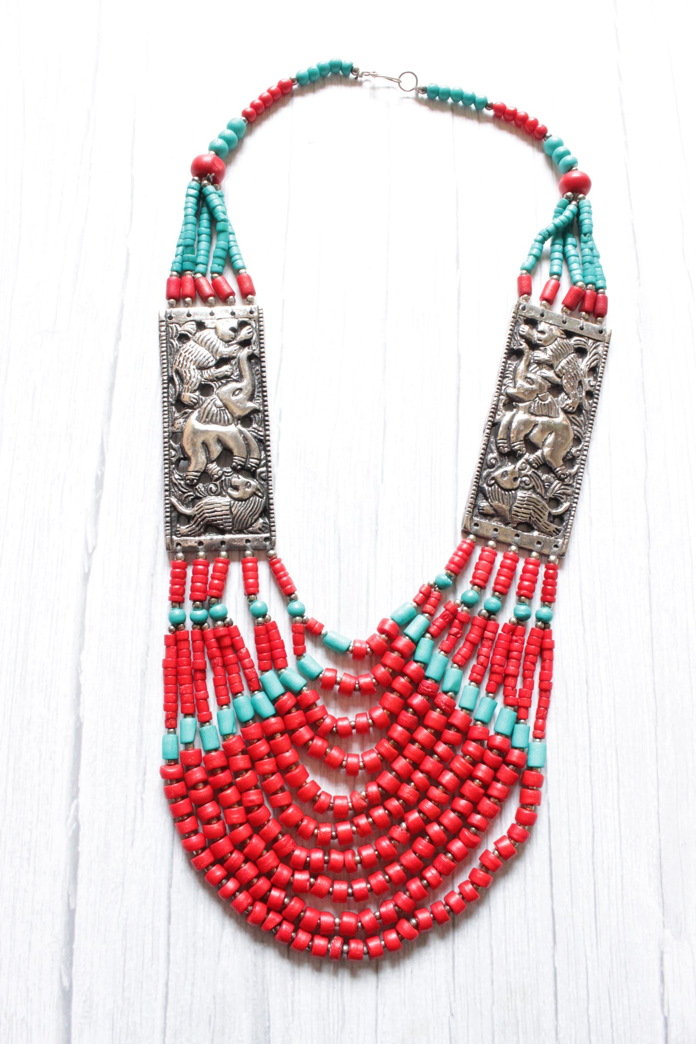 Red and Blue Vibrant Beads with Metal Inlay African Tribal Necklace