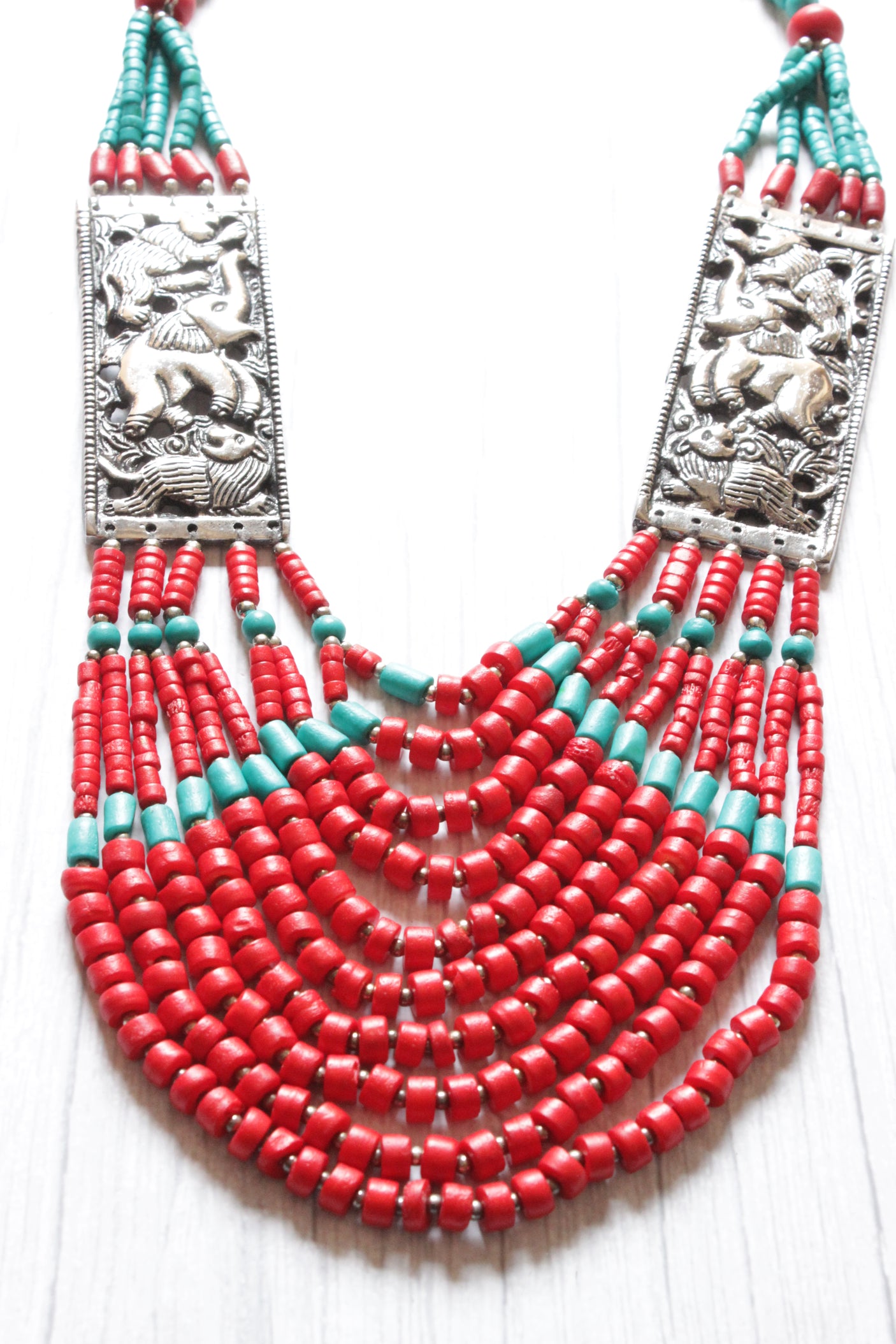 Red and Blue Vibrant Beads with Metal Inlay African Tribal Necklace