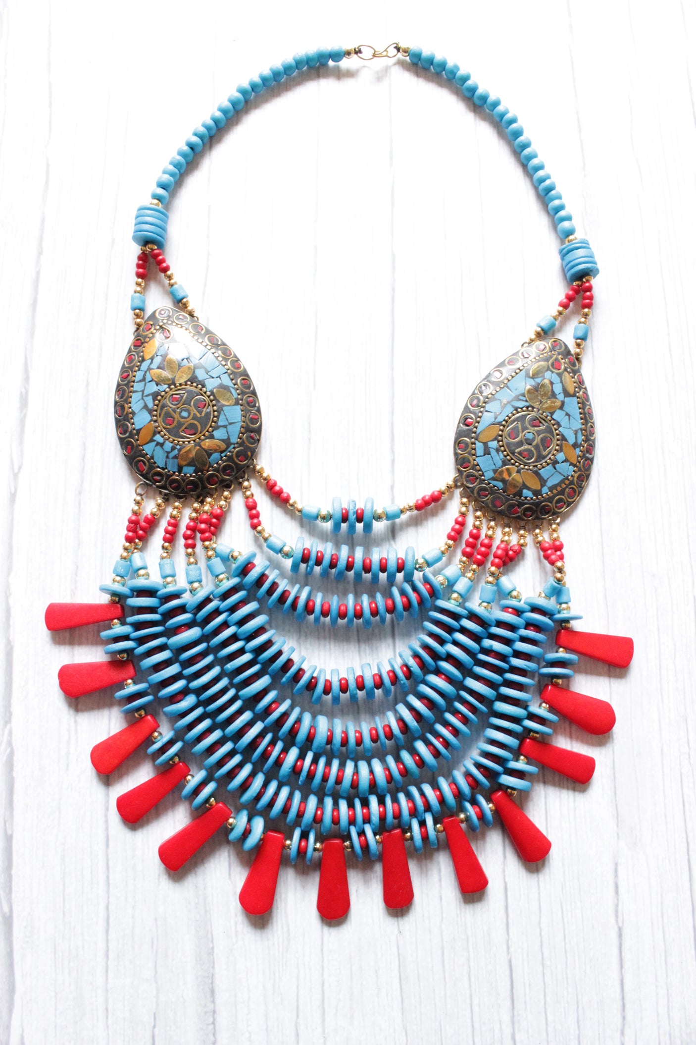 Blue and Red Beads Handcrafted Statement African Tribal Necklace