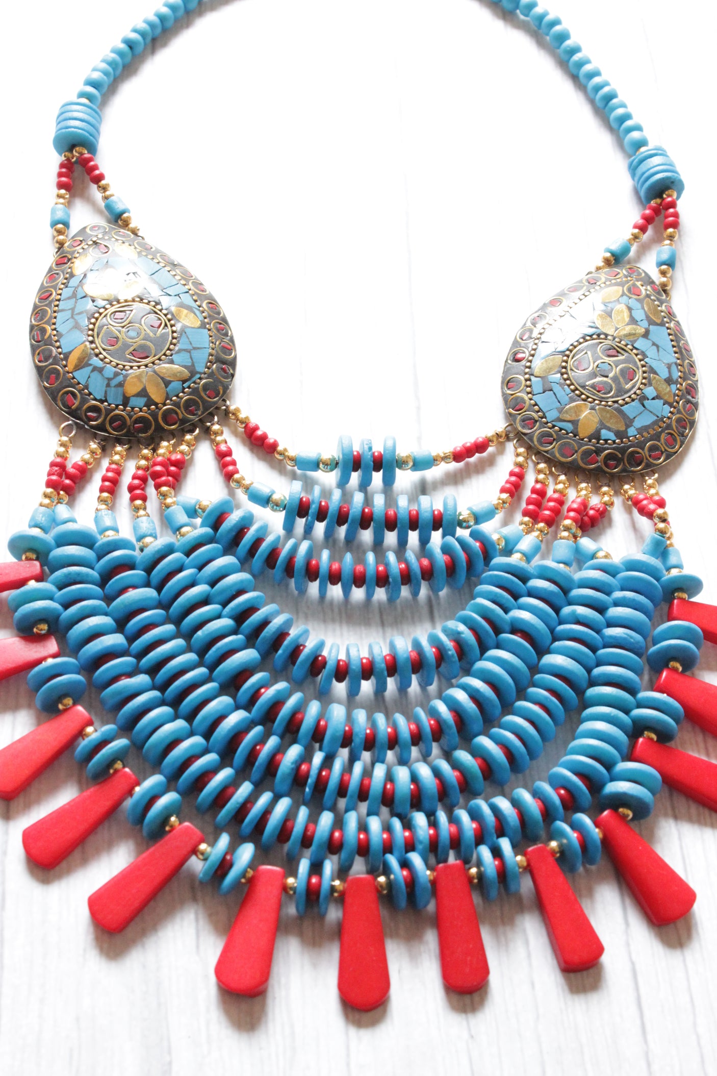 Blue and Red Beads Handcrafted Statement African Tribal Necklace