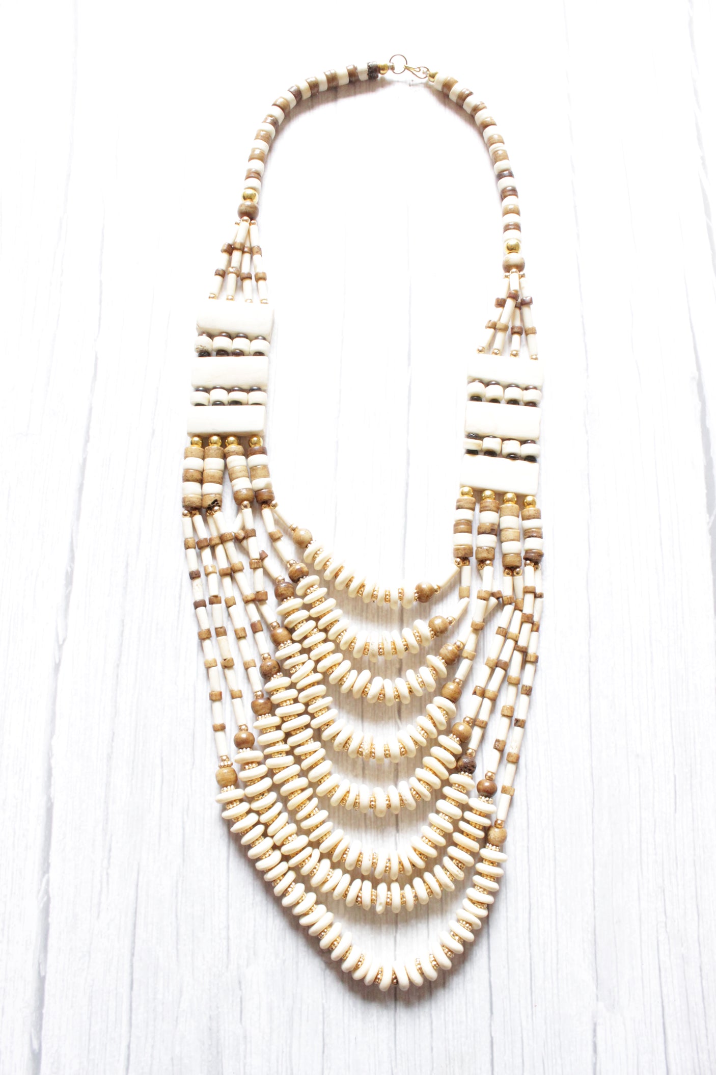 Elegant White and Brown Beads Handcrafted Statement Necklace