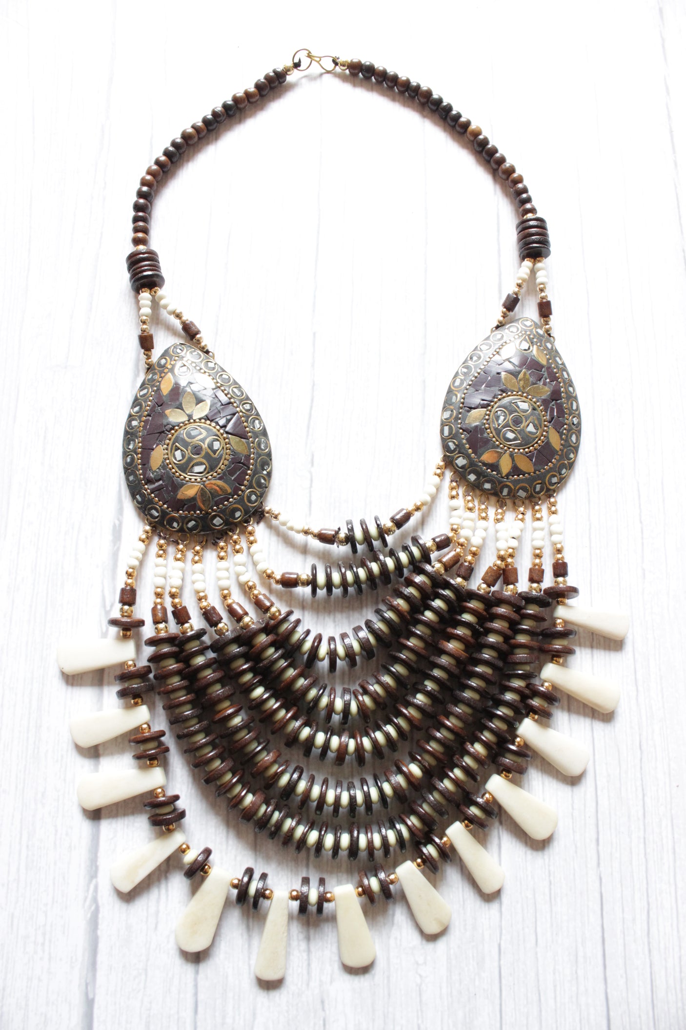 Elegant White and Brown Beads Handcrafted Statement African Tribal Necklace