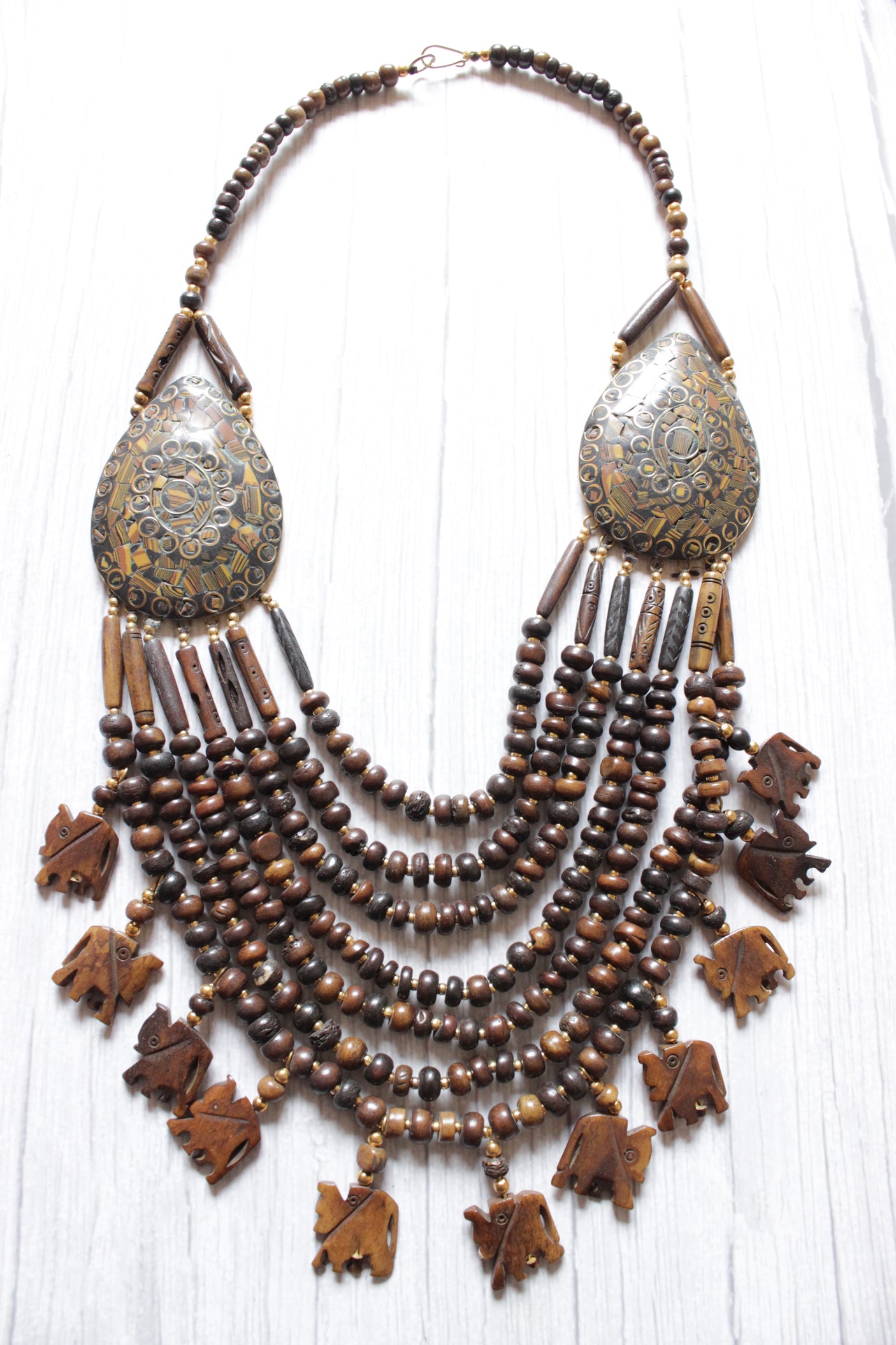 Wooden Beads Elephant Motifs Handcrafted Statement African Tribal Necklace