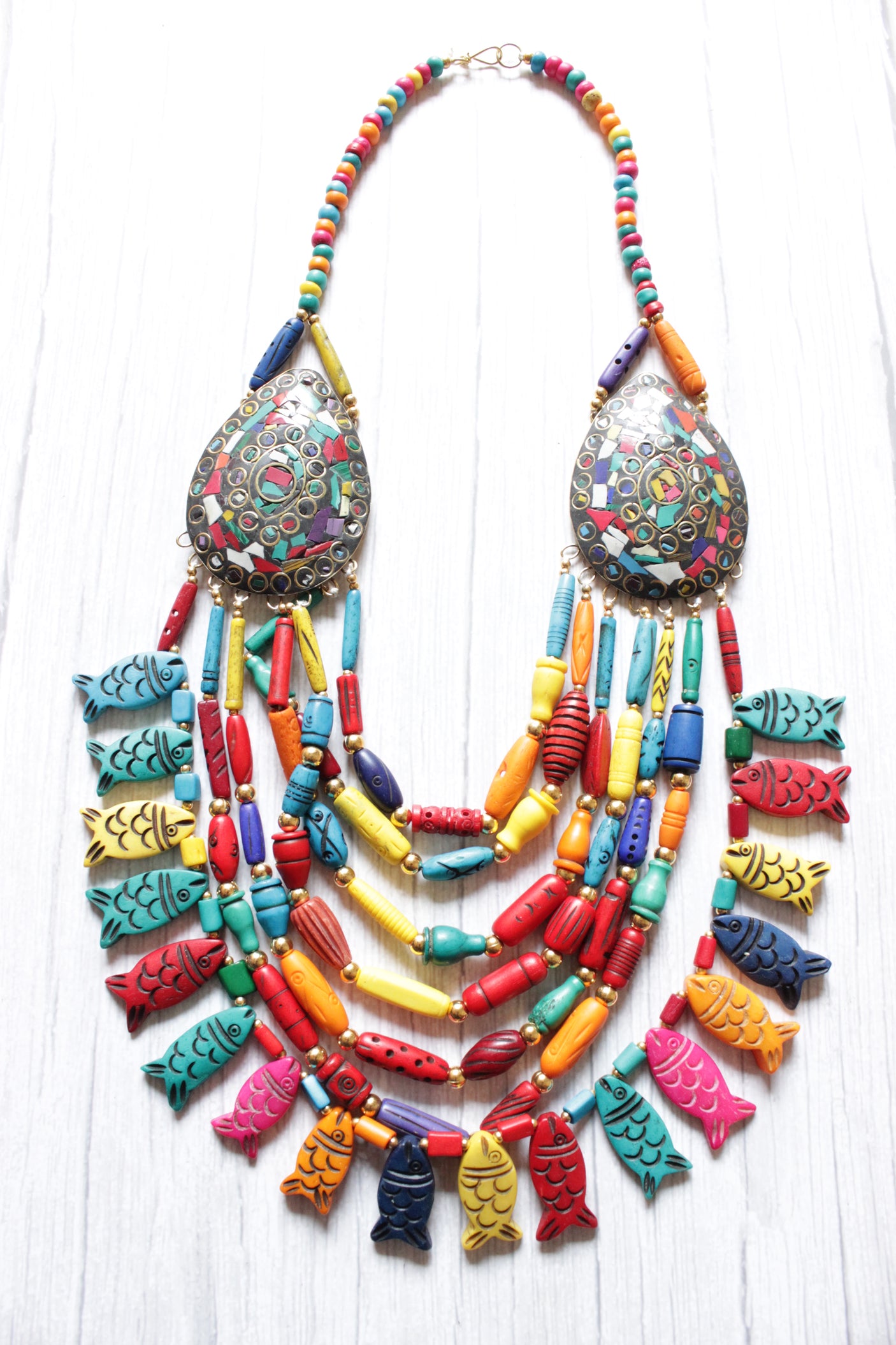Multi-Color Beads Fish Motifs Handcrafted Statement African Tribal Necklace