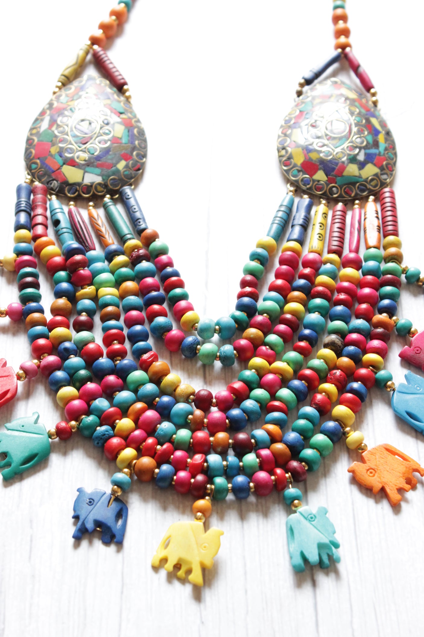 Multi-Color Beads Elephant Motifs Handcrafted Statement African Tribal Necklace