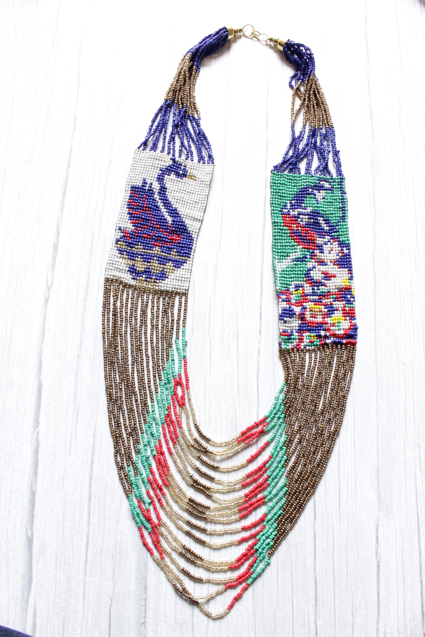 Hand Braided Peacock Motif Multi-Color Beads Tribal Necklace