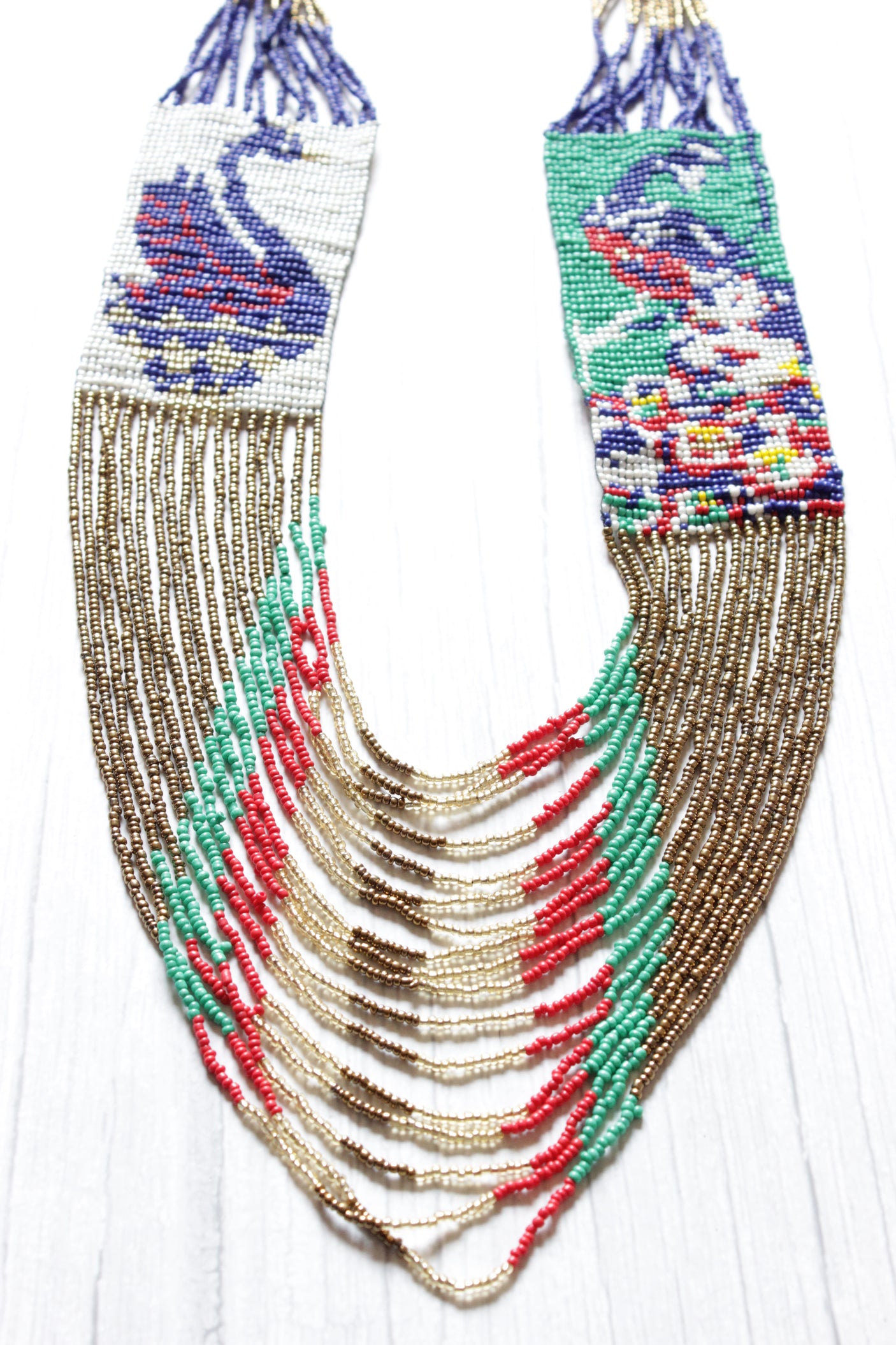 Hand Braided Peacock Motif Multi-Color Beads Tribal Necklace