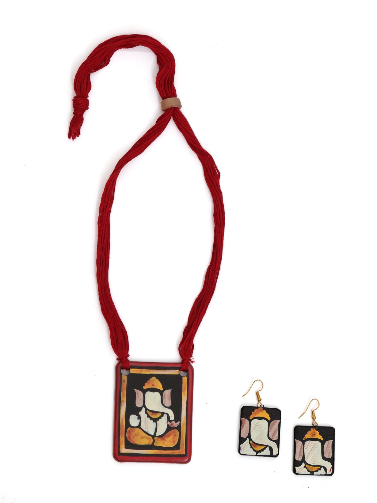 Handmade Ganesha Terracotta Necklace Set with Red Thread Closure
