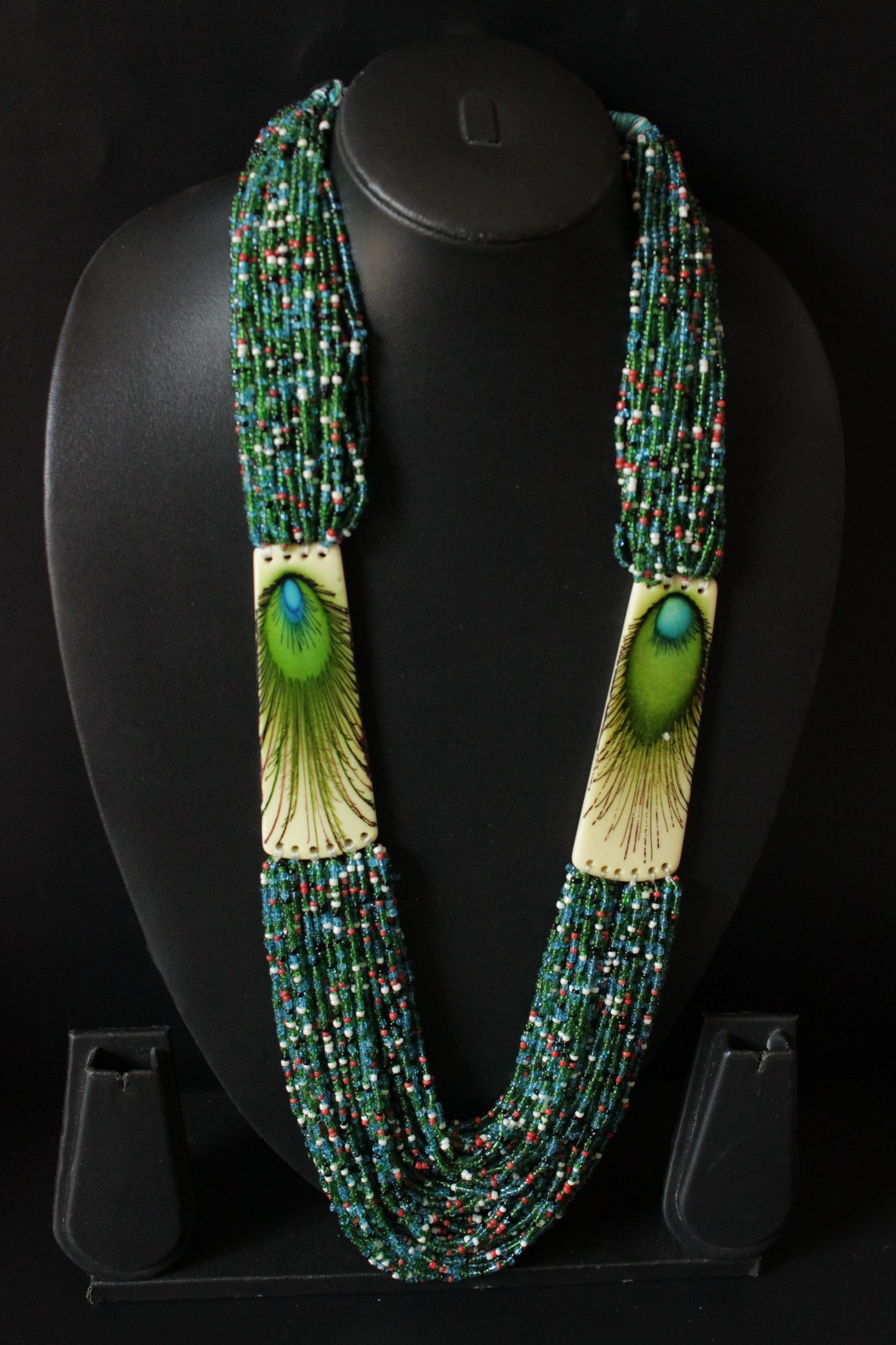 Peacock Colors and Motif Hand Braided Beads Necklace