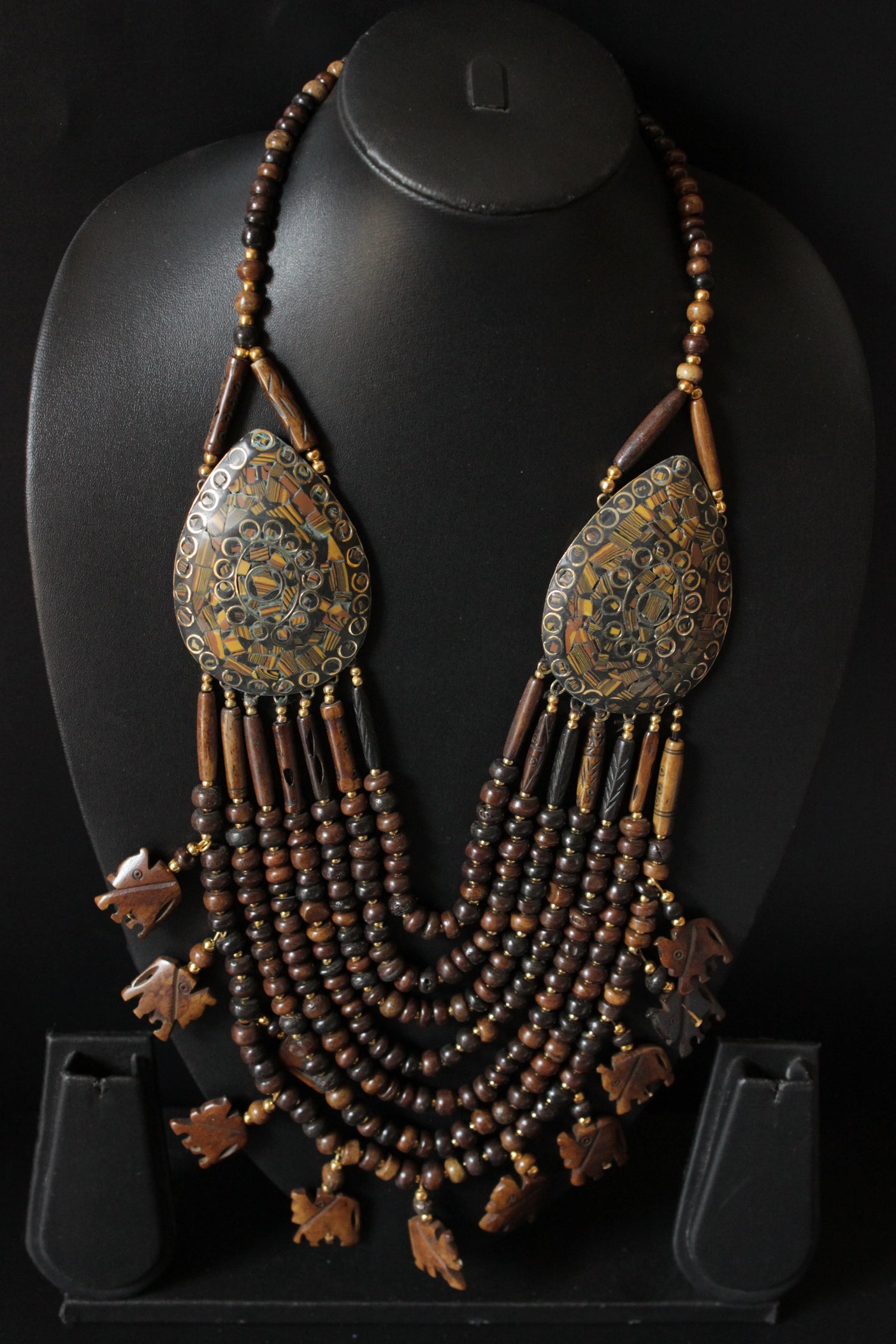 Wooden Beads Elephant Motifs Handcrafted Statement African Tribal Necklace