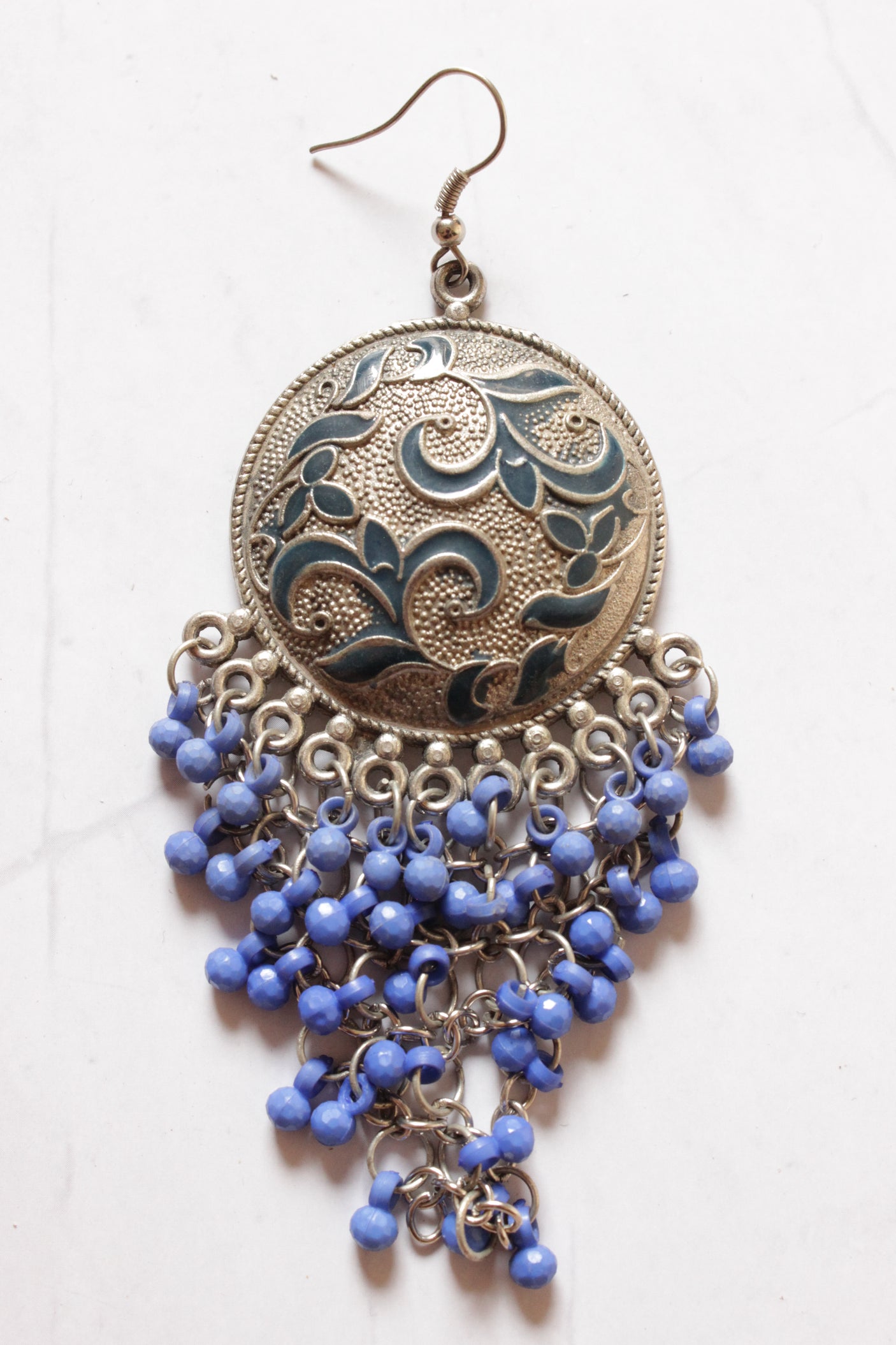 Silver Finish Acrylic Painted Statement Earrings Accentuated with Violet Beads