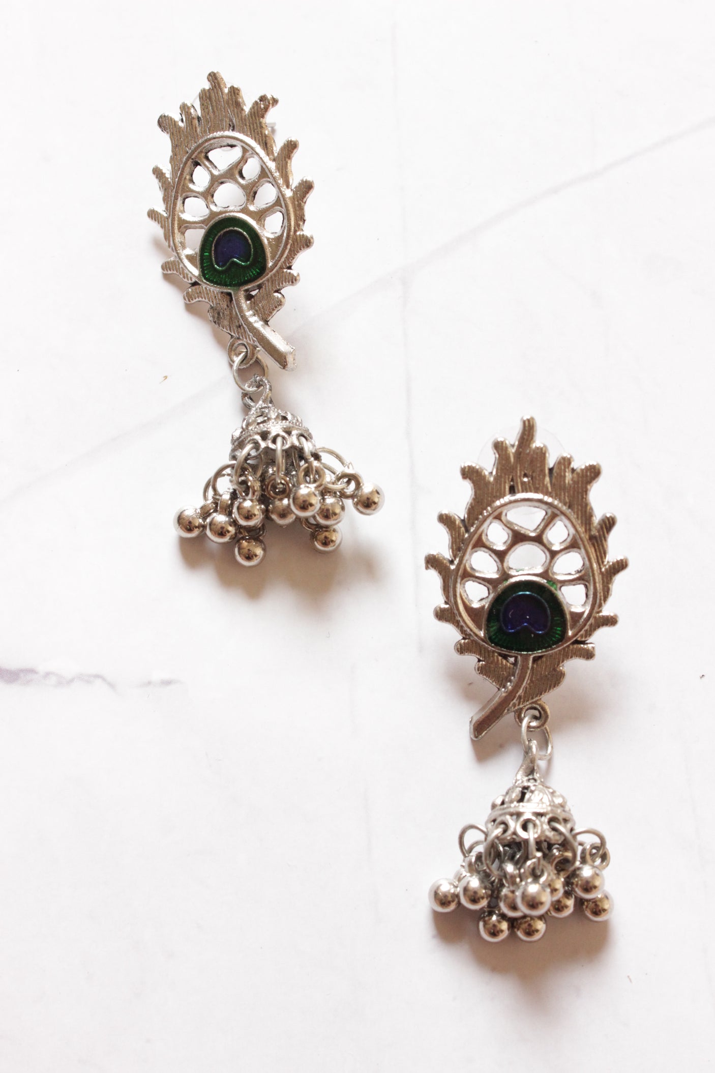 Peacock Feather and Bansuri Motif Statement Pendant Silver Finish Necklace Set