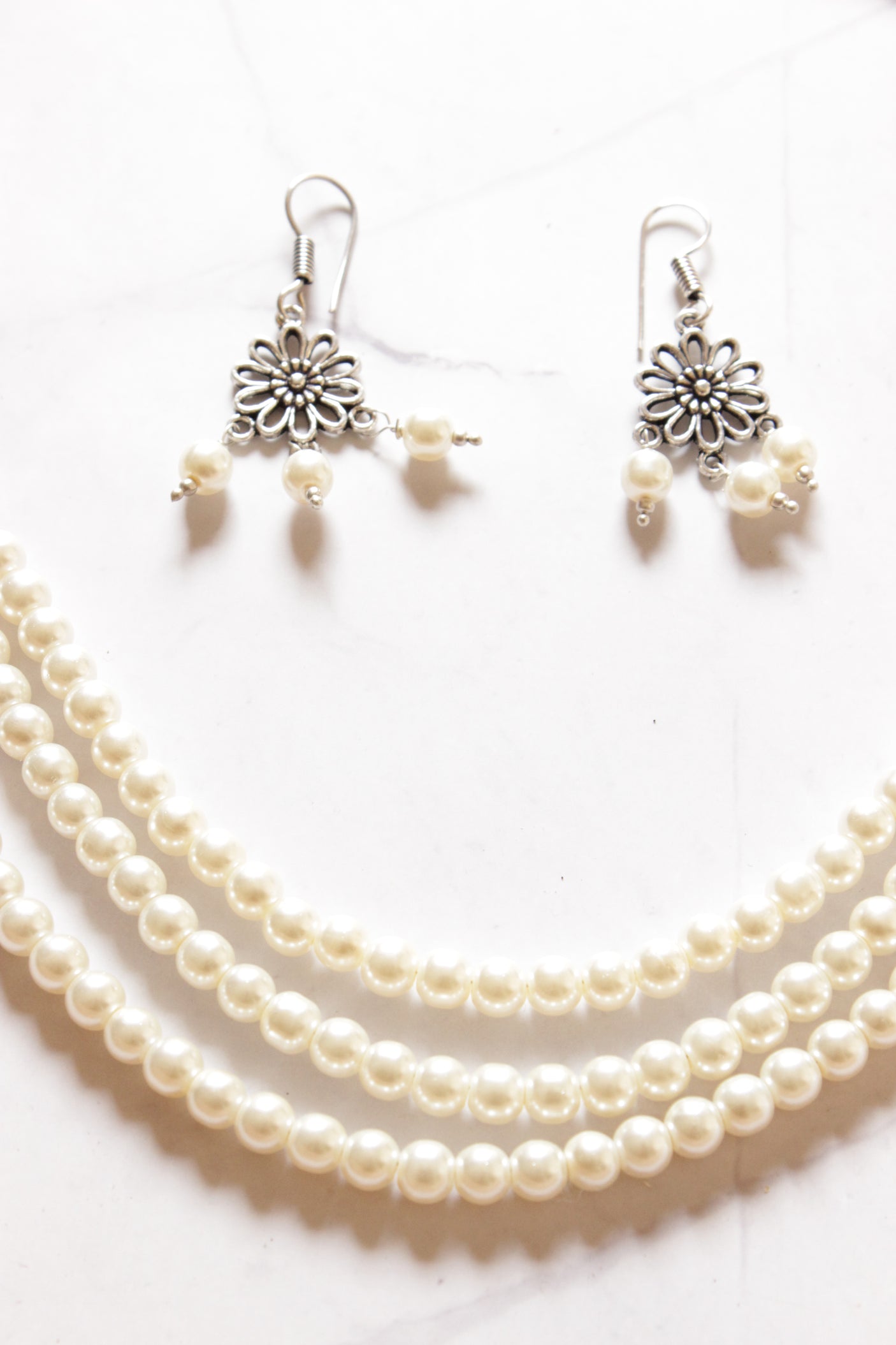 3 Layer White Pearl Beads Silver Finish Necklace Set