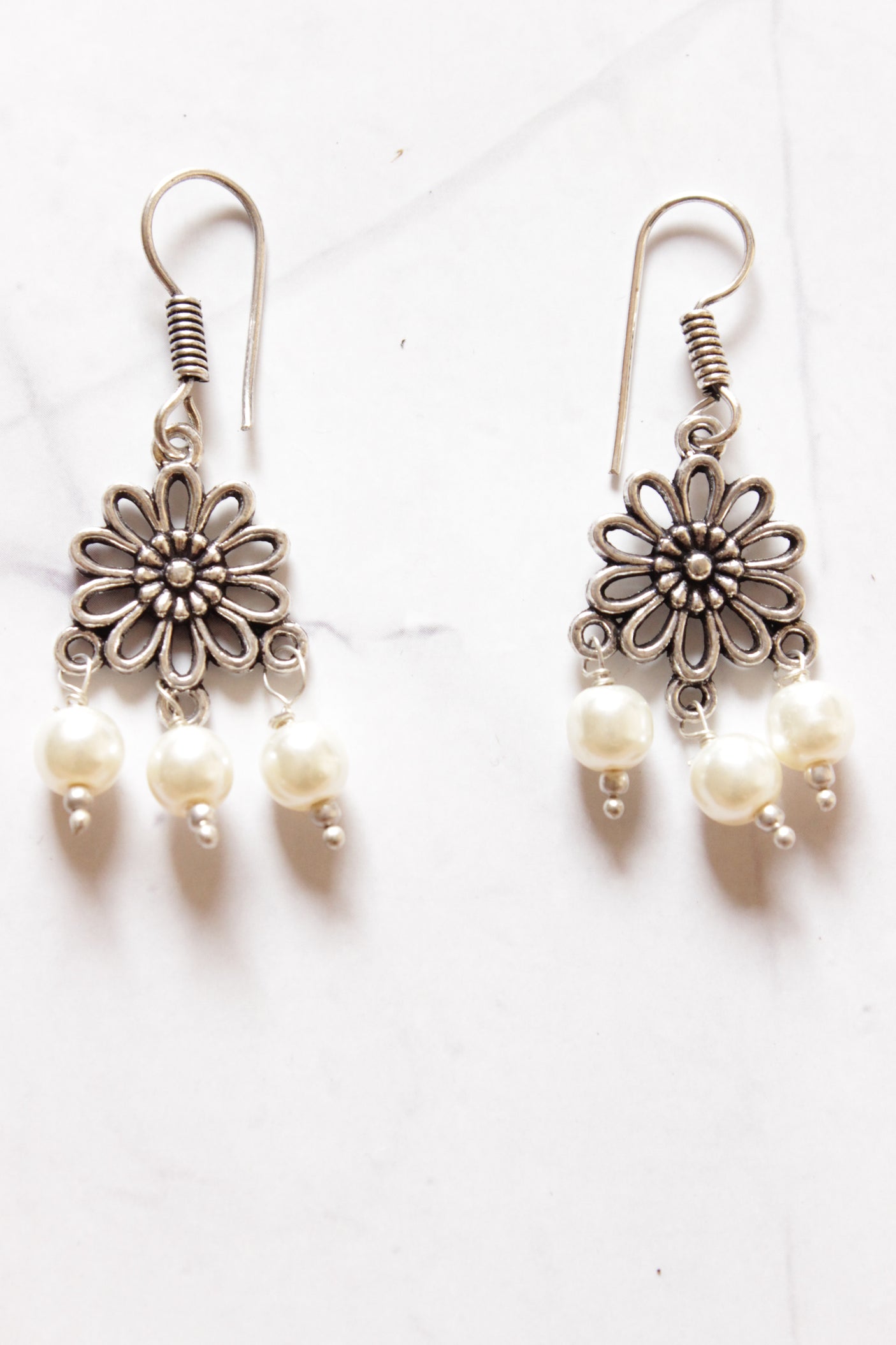 3 Layer White Pearl Beads Silver Finish Necklace Set