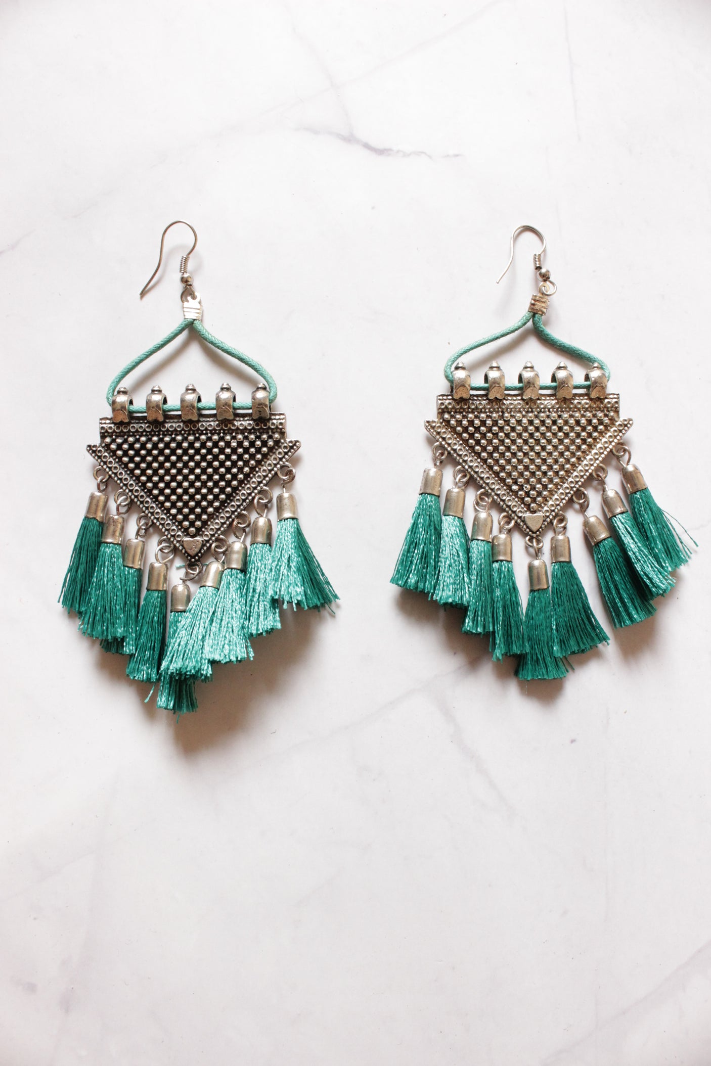 Sea Green Pom Pom Endings Silver Finish Handcrafted Metal Dangler Earrings