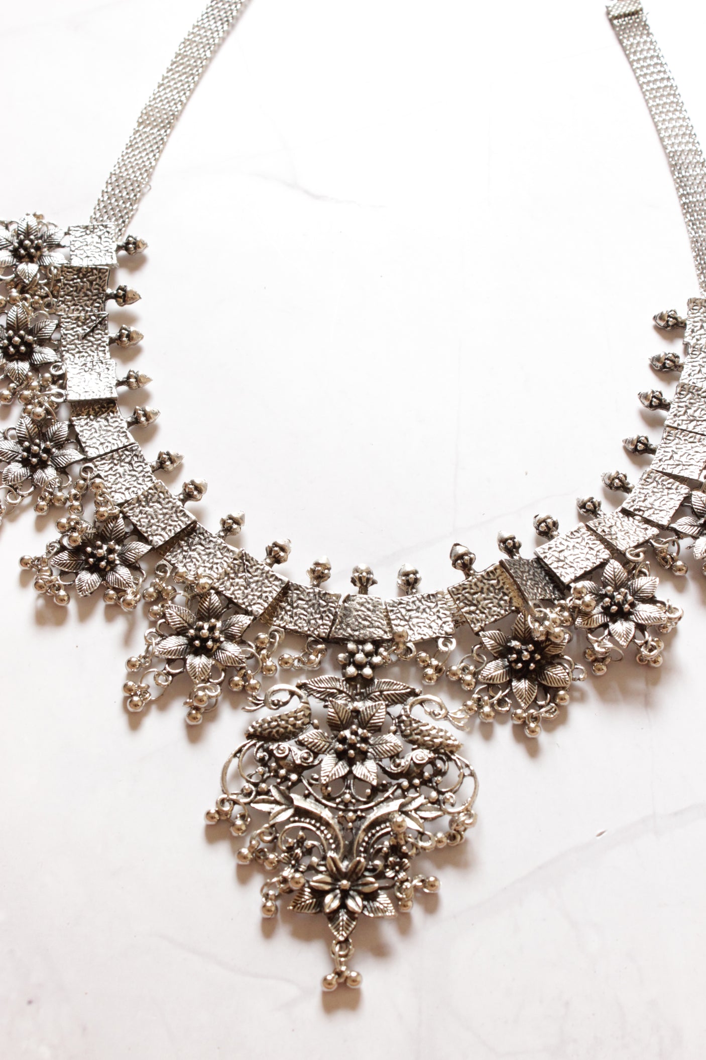 Flower Motifs Silver Finish Statement Necklace Set