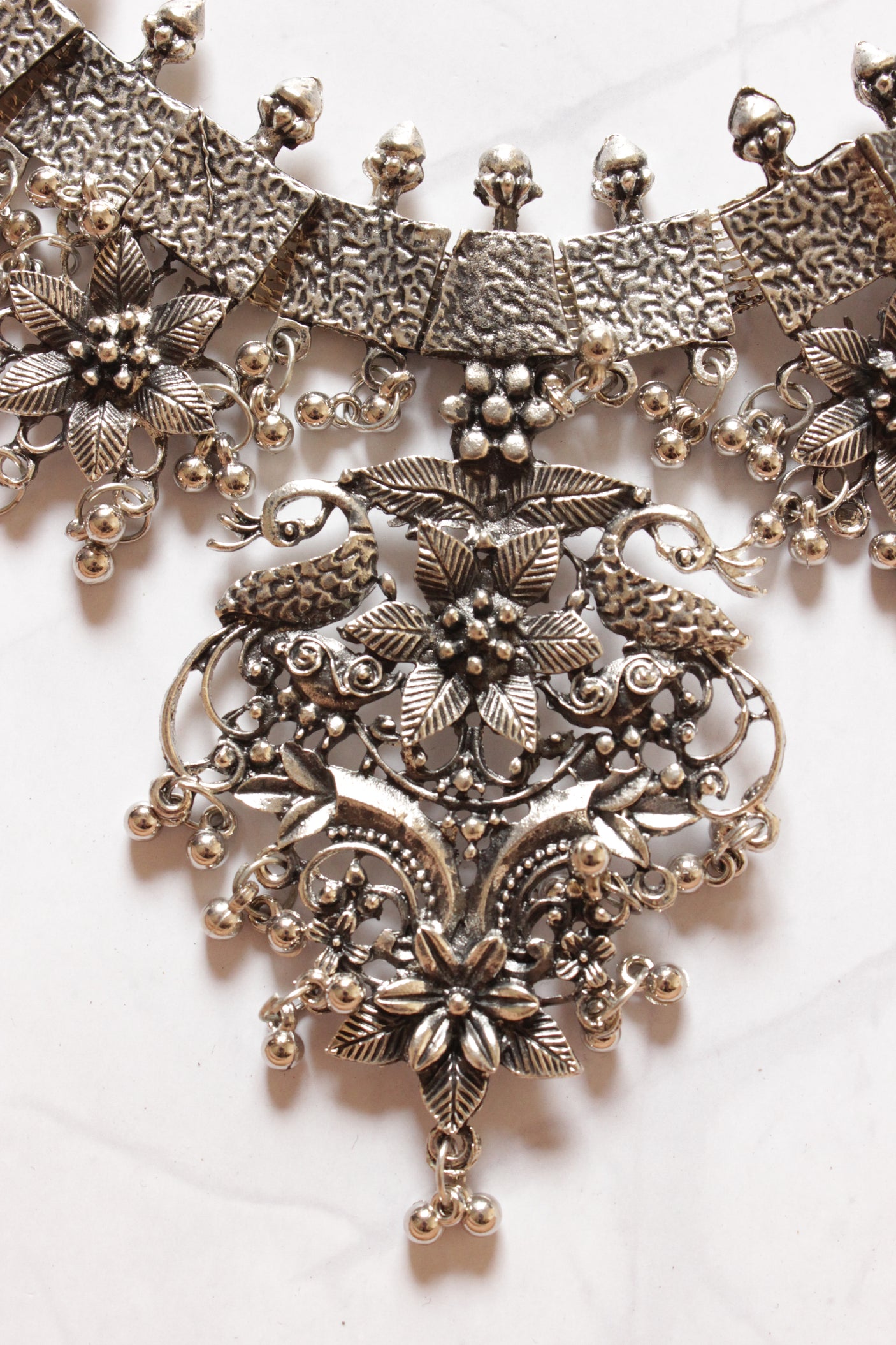 Flower Motifs Silver Finish Statement Necklace Set